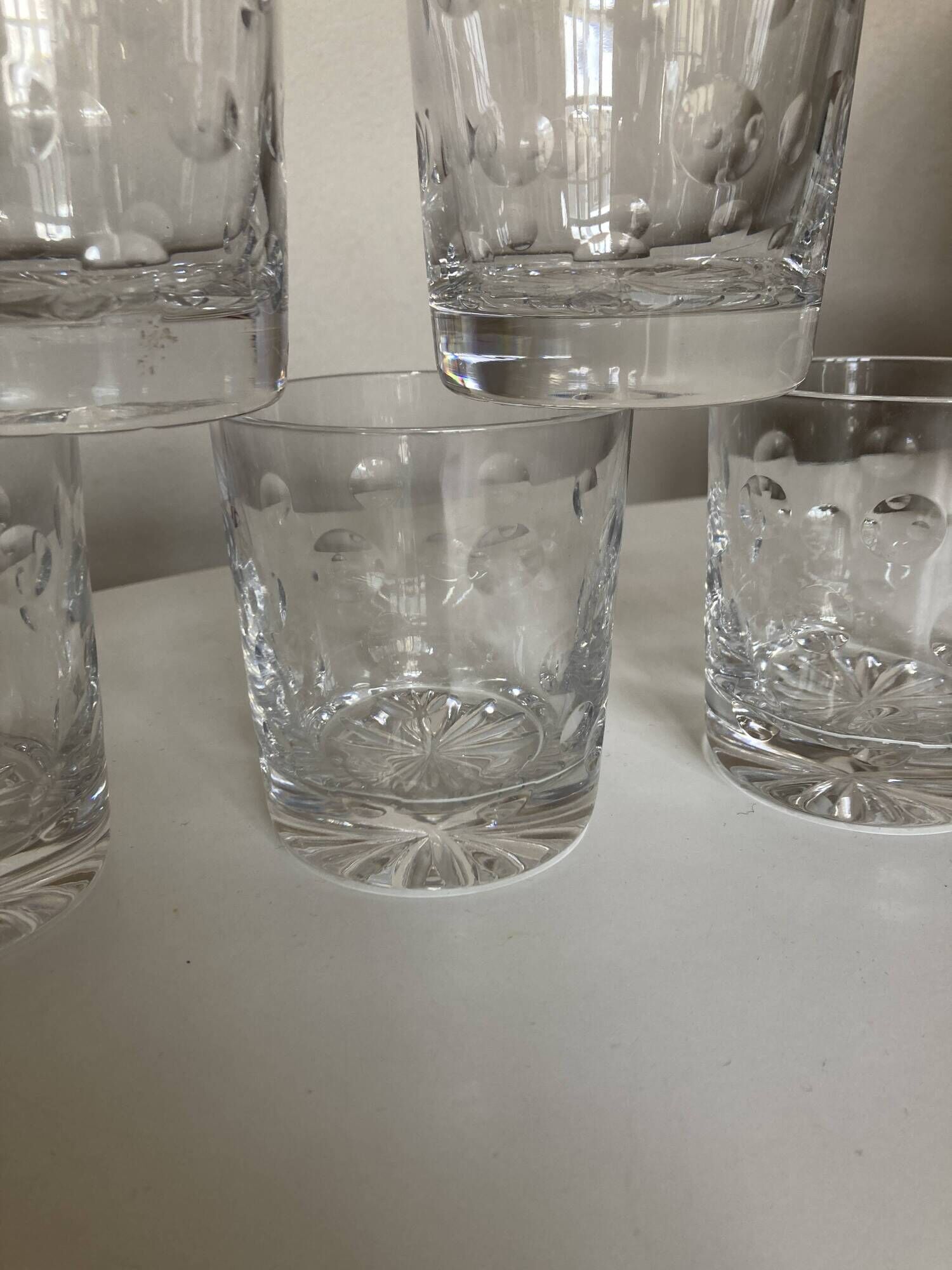 Set of 5 crystal whiskey tumblers giving polka dot cut 1970