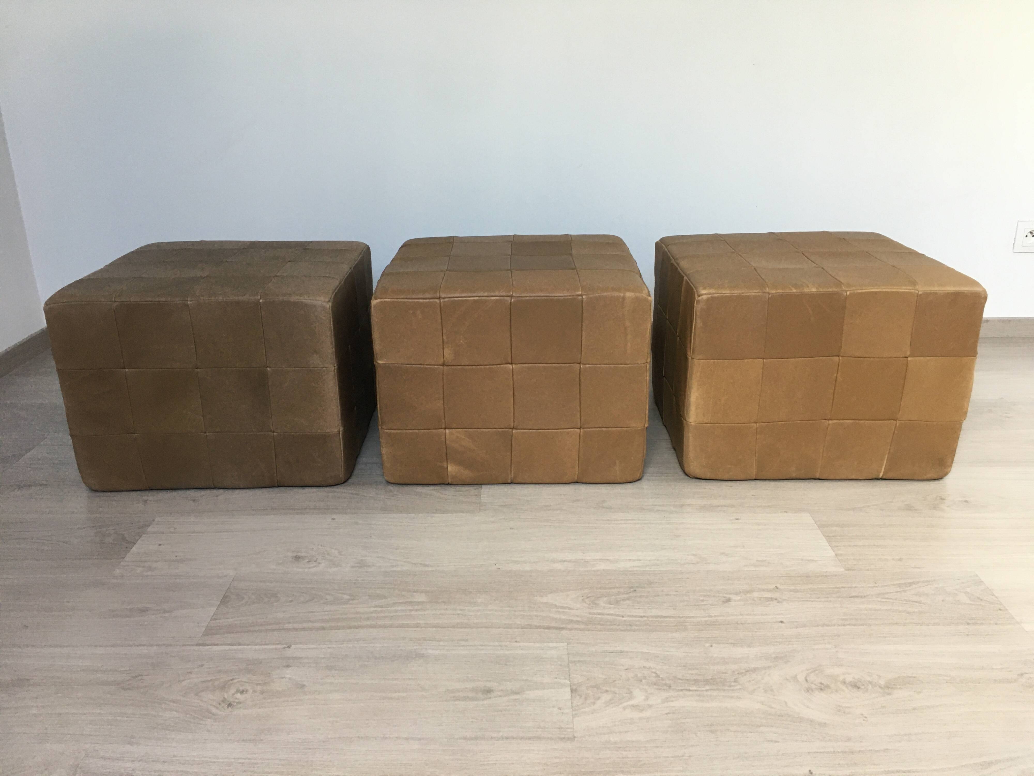 Set of 3 large Cubic De Sede Pouf Swiss leather 70s