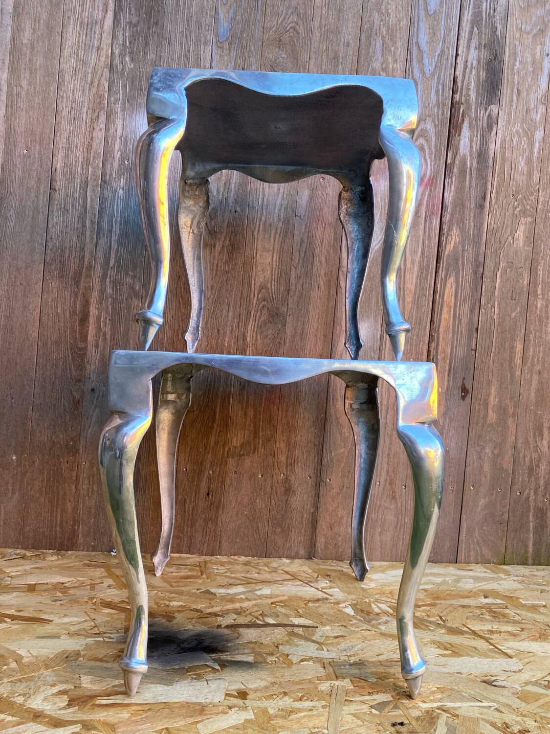 Pair of Louis XV Style Nesting Coffee Tables in Vintage Polished Aluminum