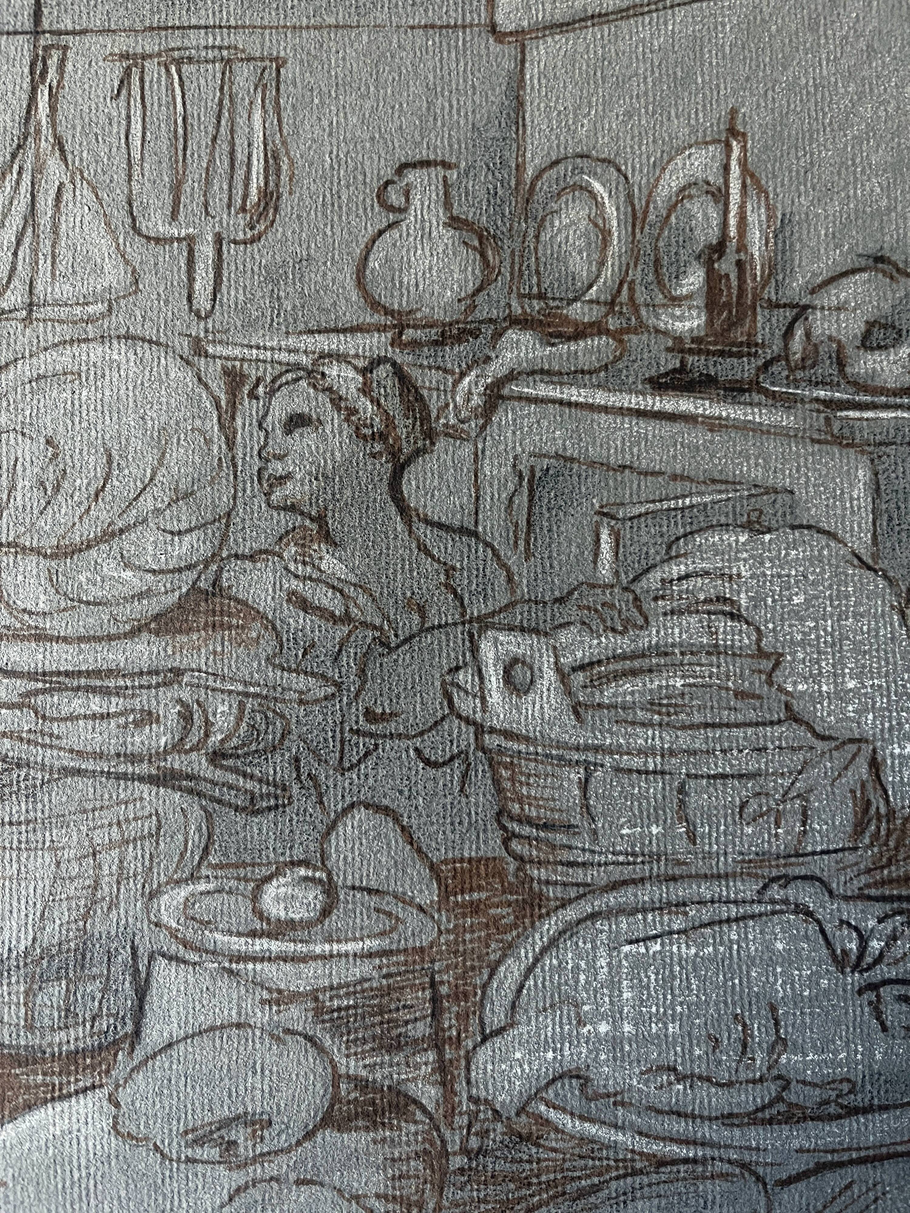 Painting Drawing "Animated Kitchen Scene" After Jeremias van Winghe