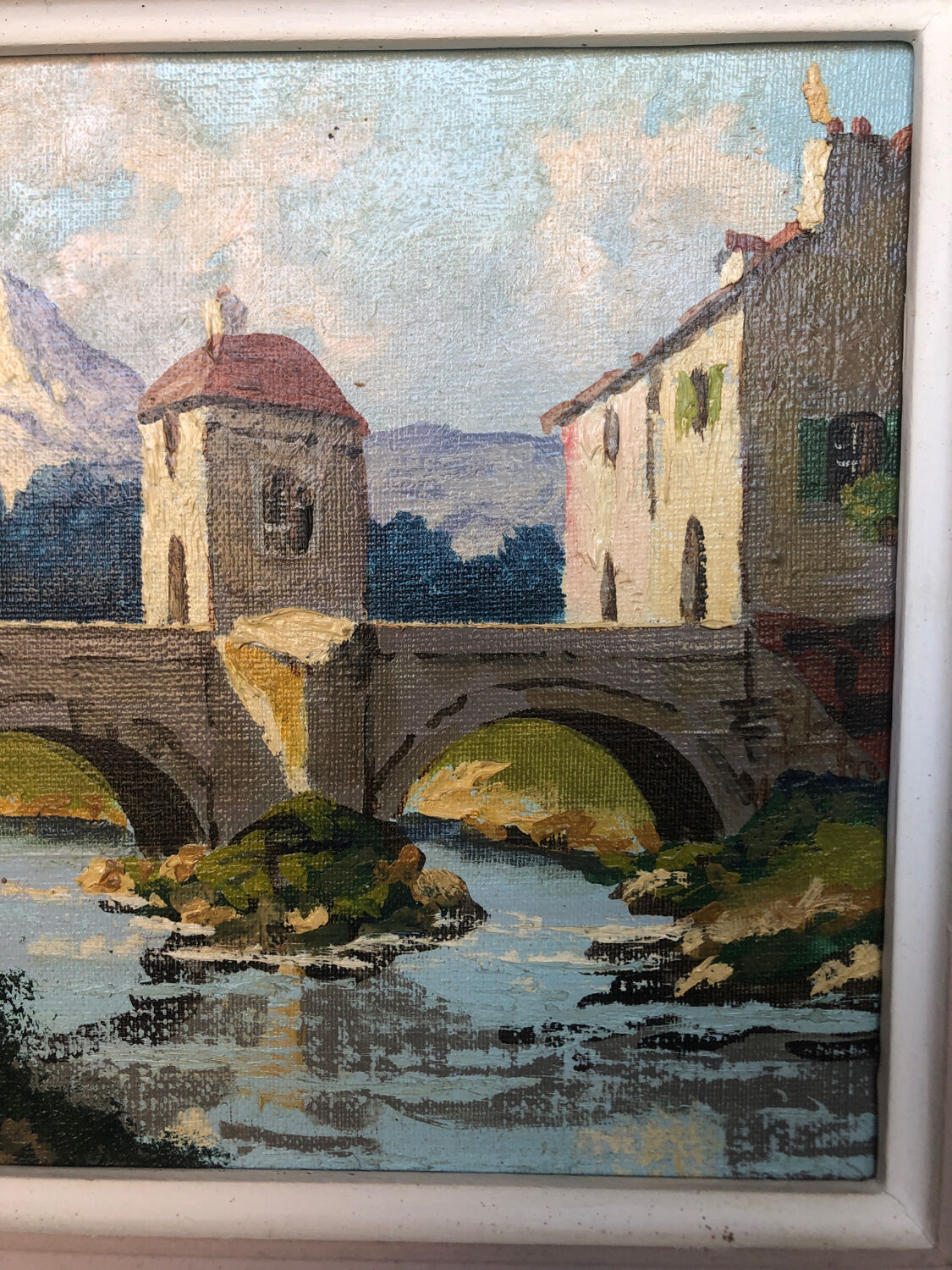 Oil painting on canvas s. audrey riverside + wood frame #a218