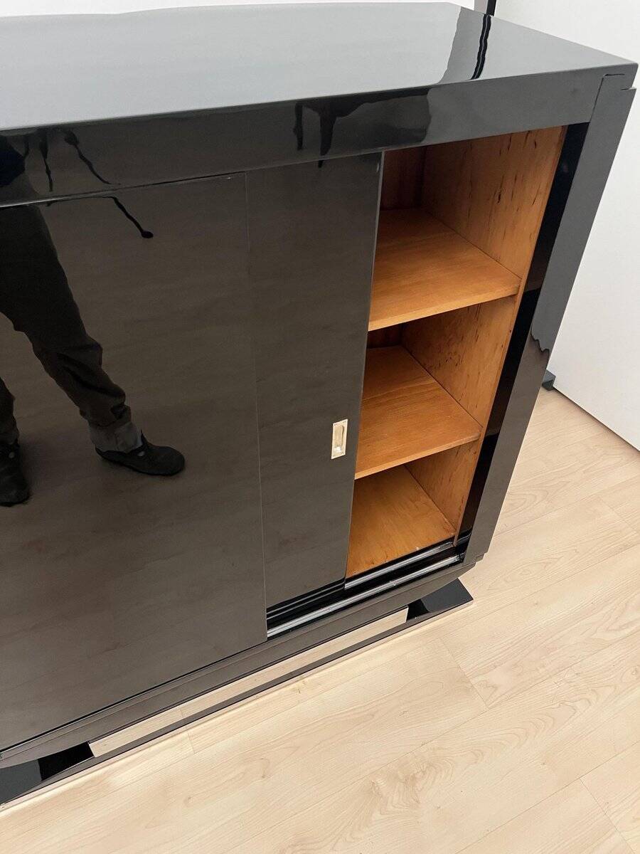 French Art Deco Bar Sideboard in Black Lacquer and Chrome, 1930