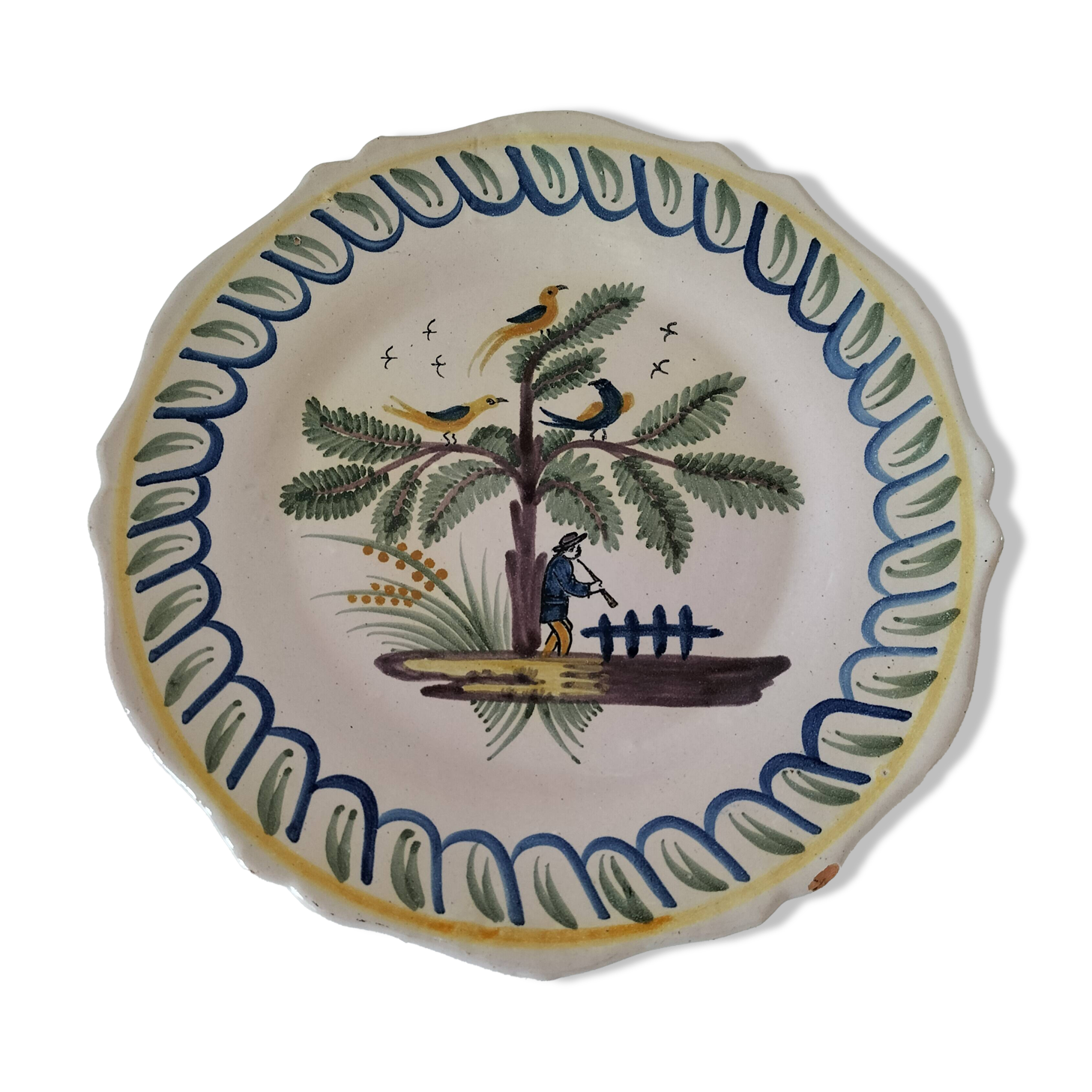 Antique hand-painted earthenware plate – piper and birds