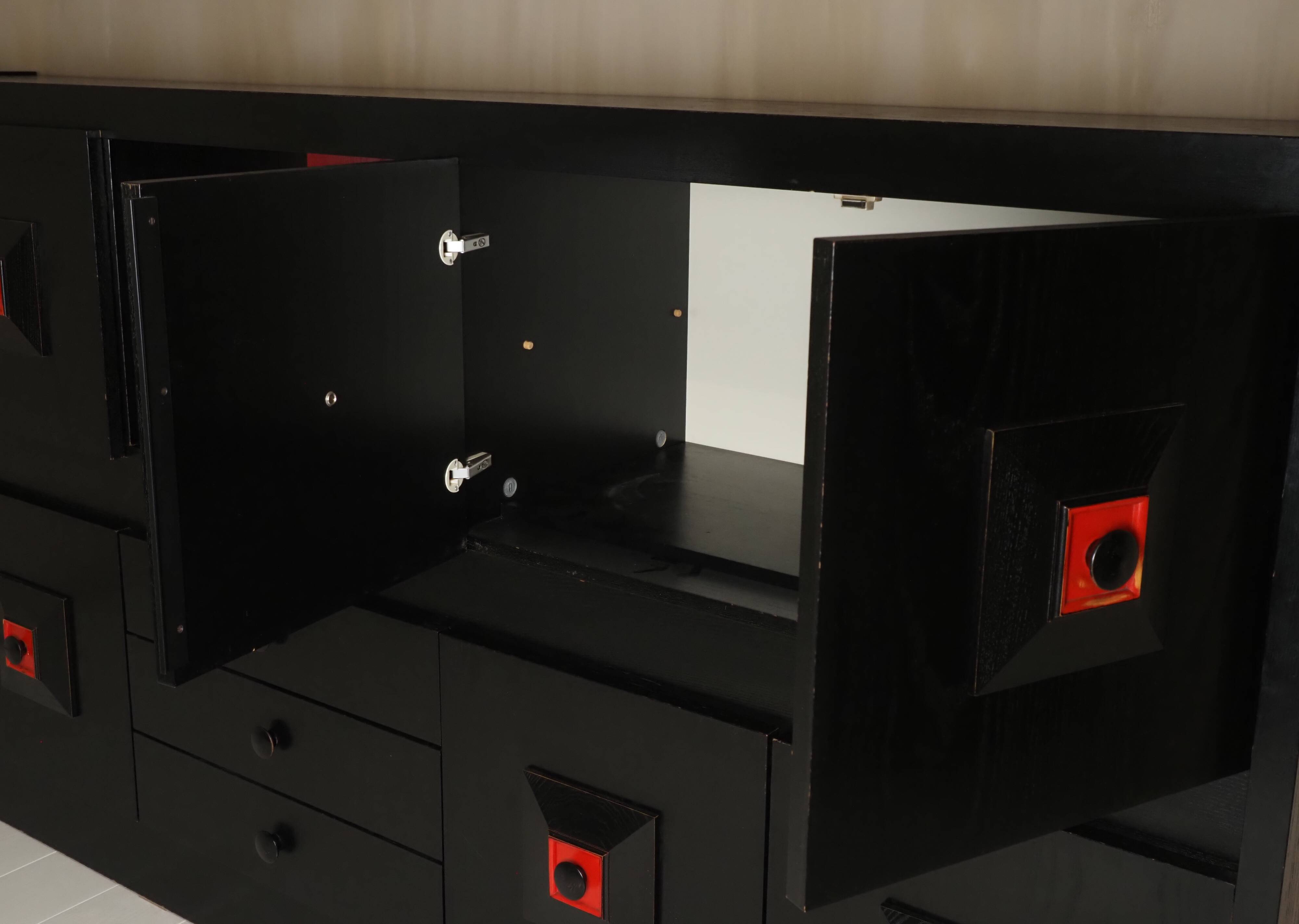 Brutalist Belgian buffet in black and red from the 1960s.