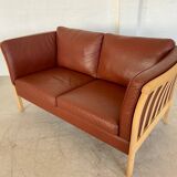 VINTAGE DANISH MID CENTURY DARK COGNAC LEATHER 2 SEATER STOUBY SOFA
