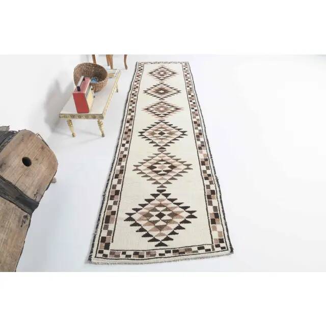 Vintage Turkish Oushak Handmade Wool Cotton White Runner Rug 90x338