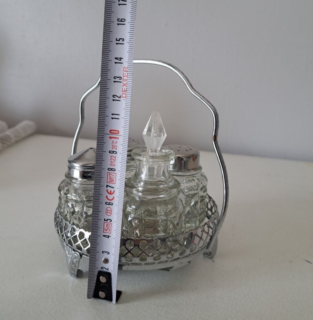 Service à condiments vintage en verre et métal