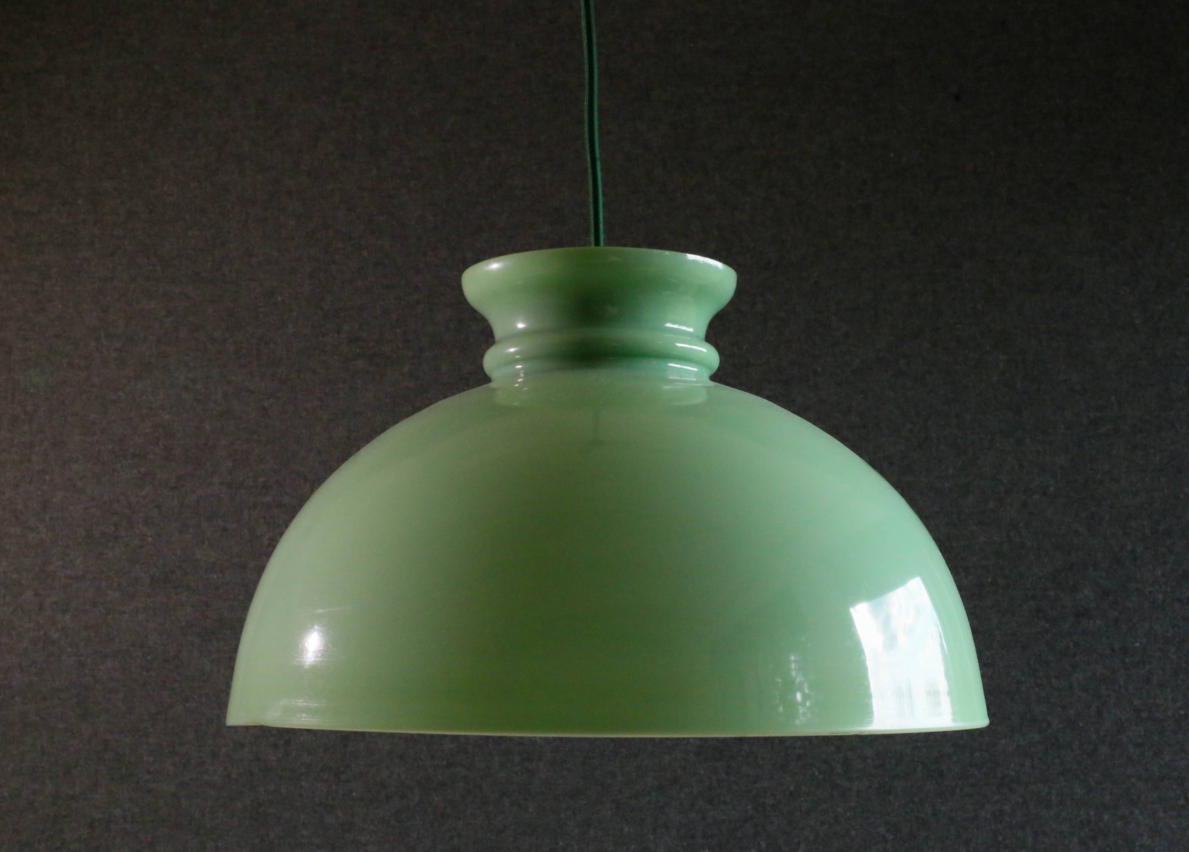 Old semi-round opaline pendant light in green glass - large model - circa 1950