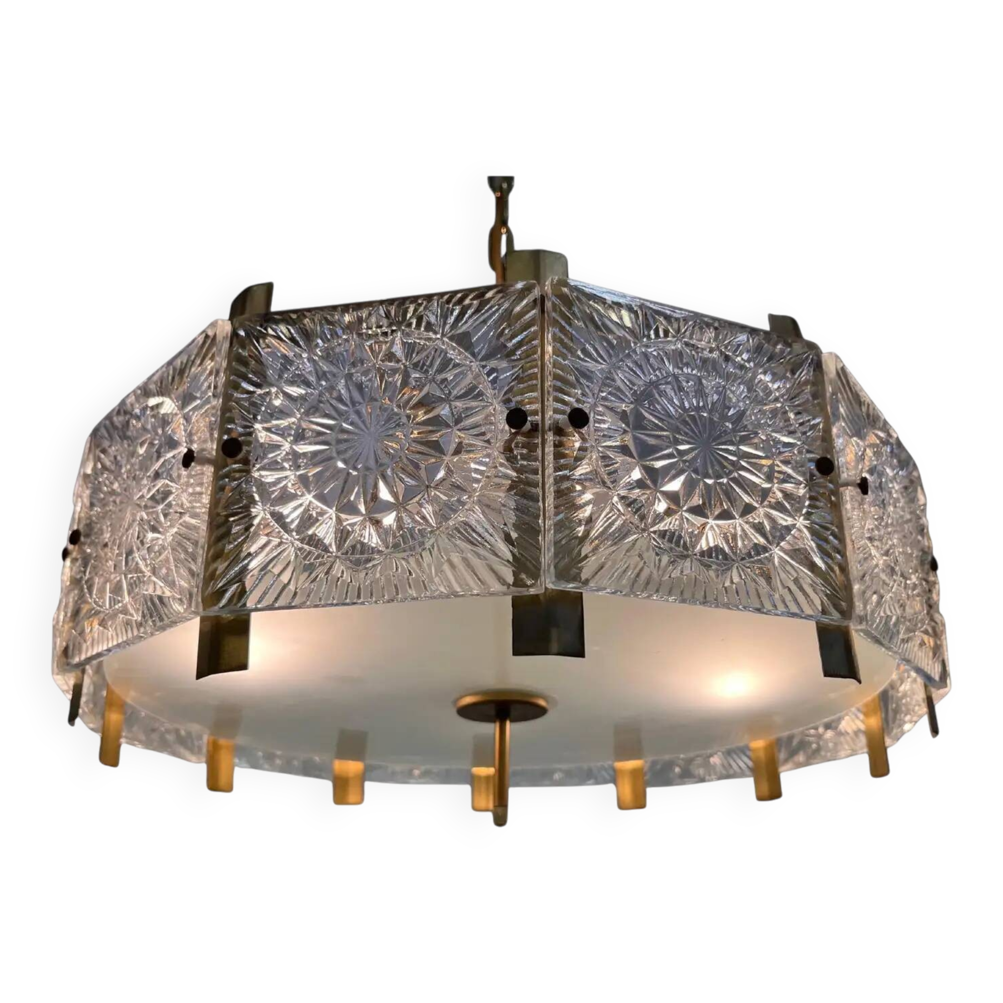 Lustre en verre et laiton de style mid-century, signé Jaroslav Bejvl, Kamenicky Senov, années 1970