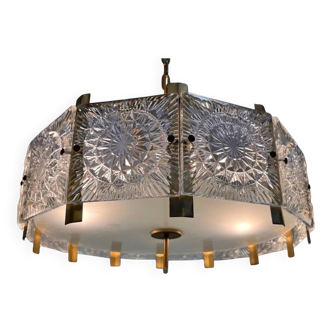 Glass and brass midcentury chandelier by Jaroslav Bejvl, Kamenicky Senov, 1970s