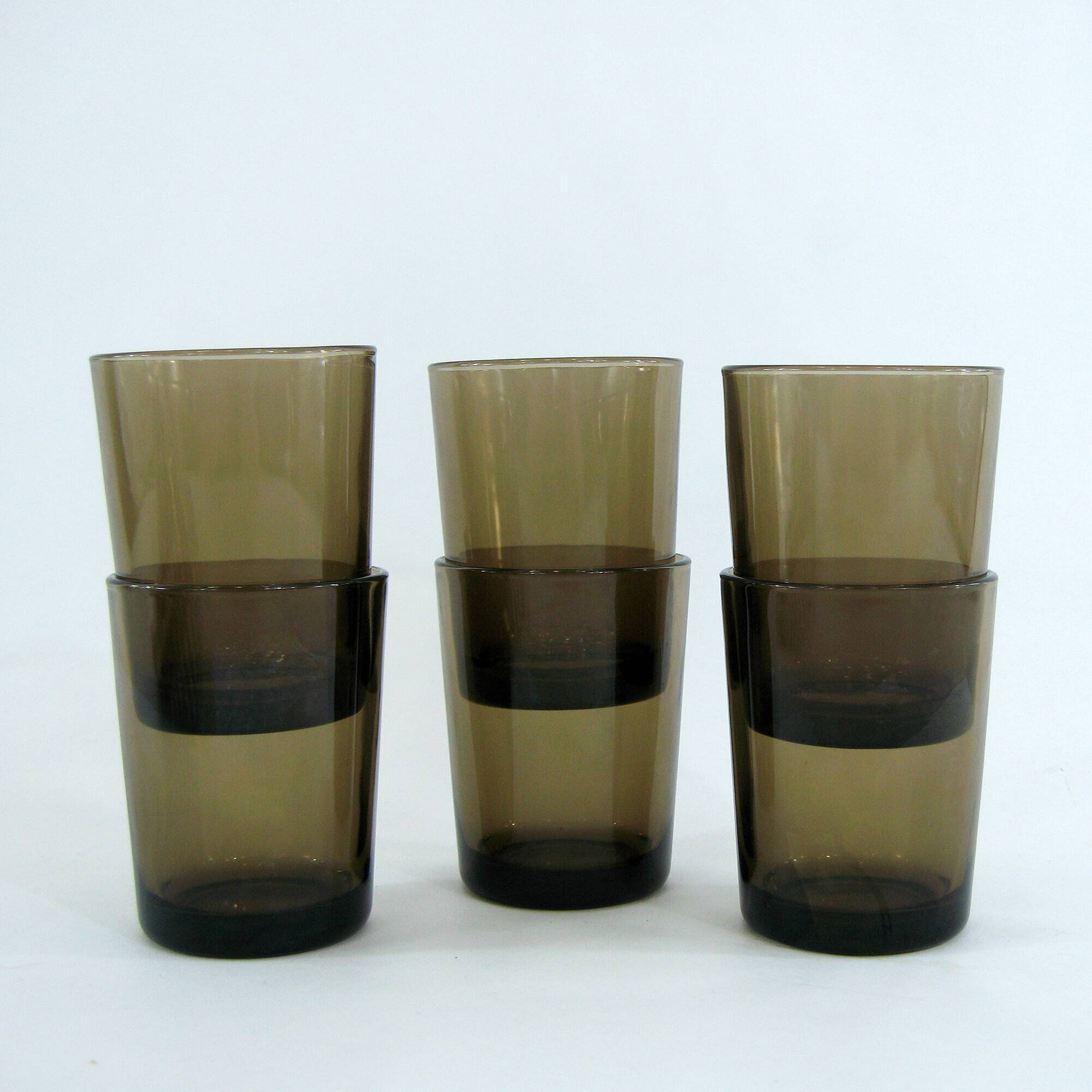 6 smoked brown tempered glass cups - Vereco France - vintage 70s