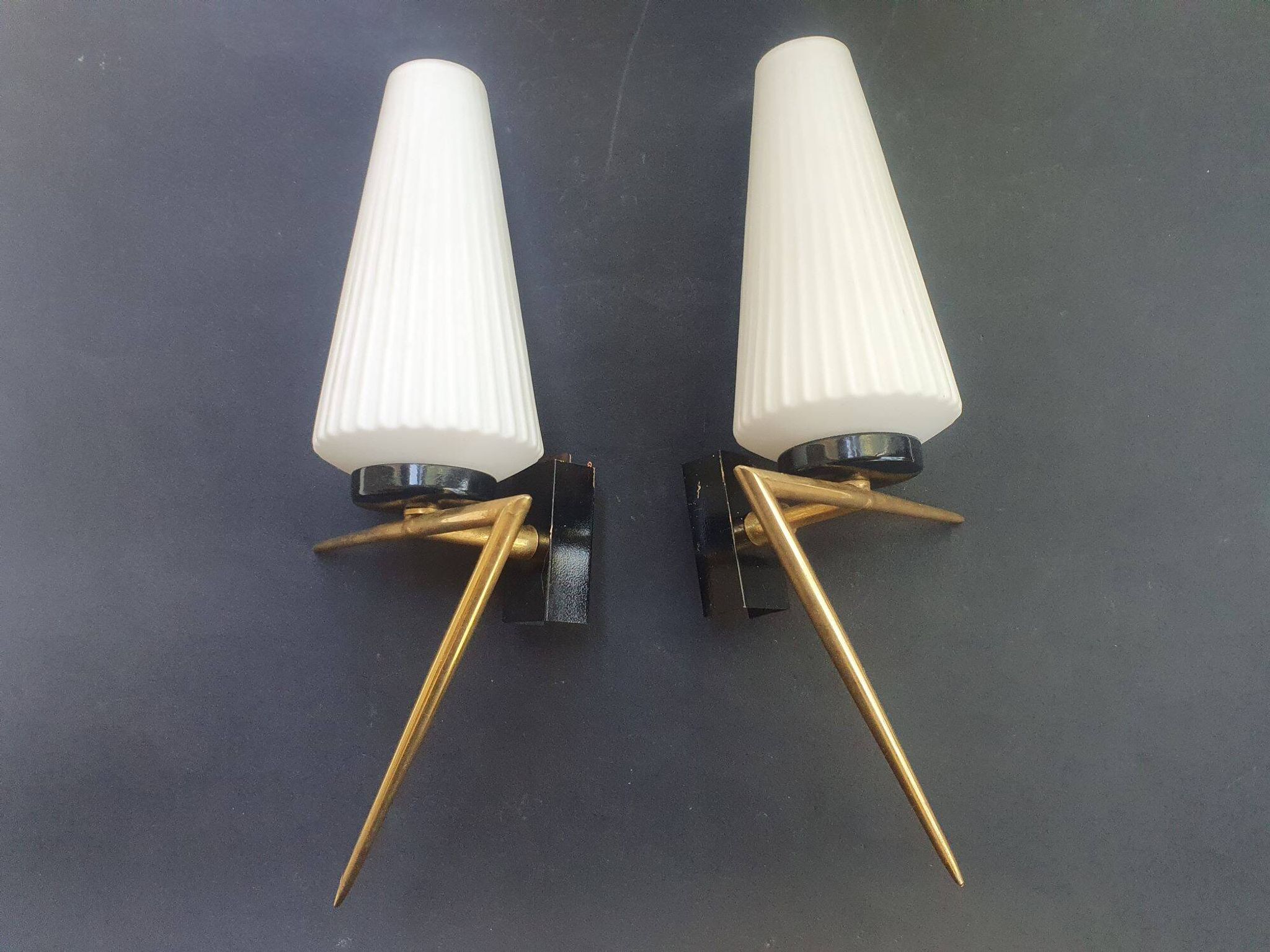 Pair of antique gold wall sconces Arlus 1950s