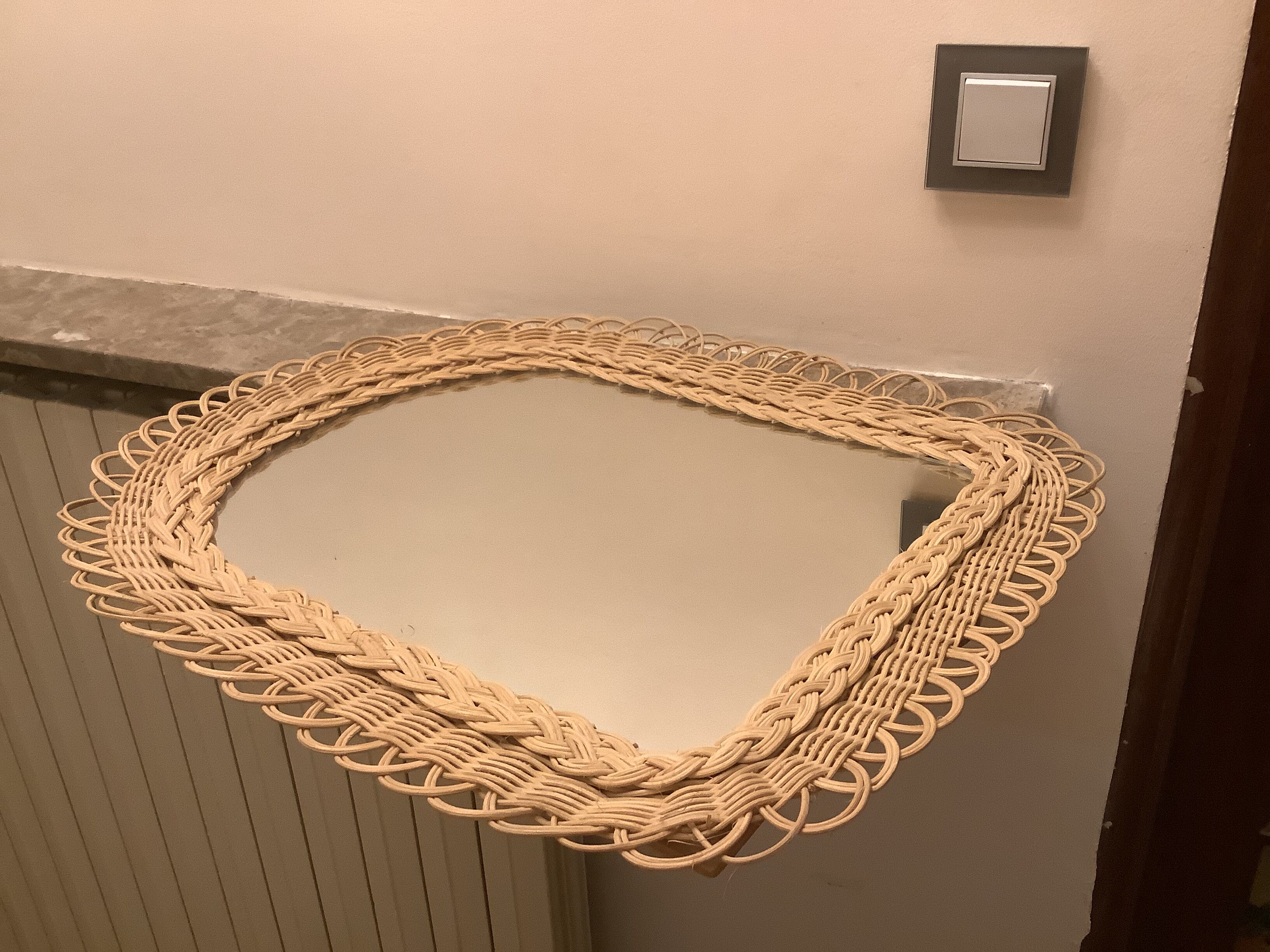 Old rattan wicker braided mirror, 48x40 cm