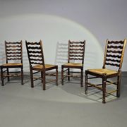 Set of 4 oak, rustic, farmhouse, ladderback dining chairs with rush seats 1960s