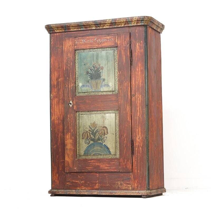 Antique Rustic Farmhouse Folk Art Painted Bridal Cabinet 1860