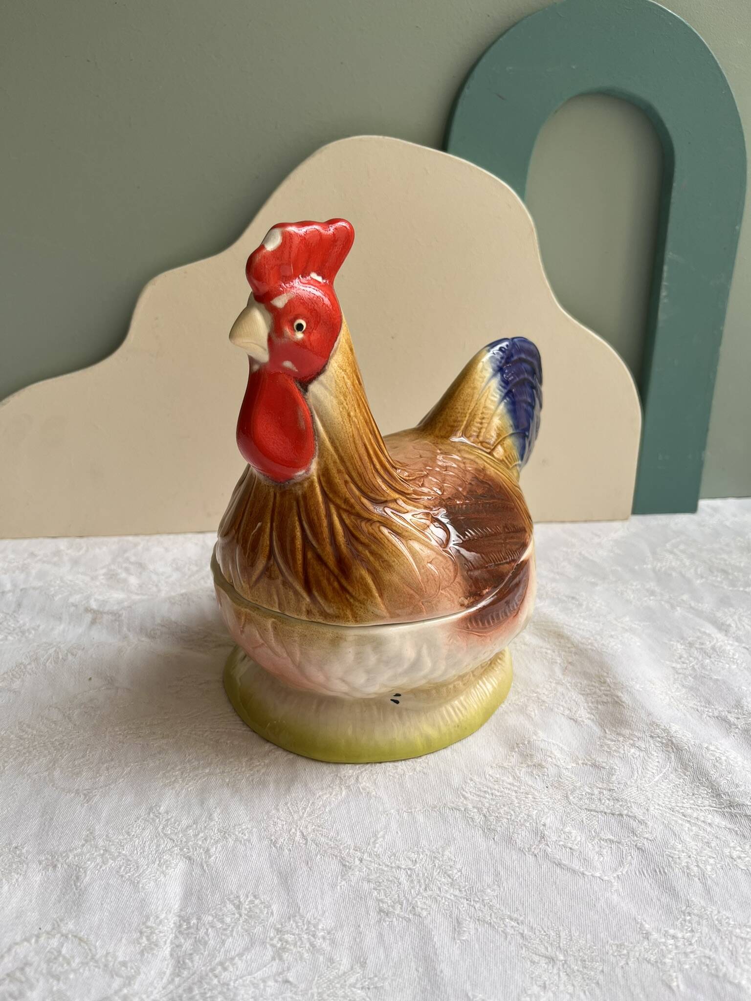 Terrine Michel Caugant rooster or hen in polychrome earthenware