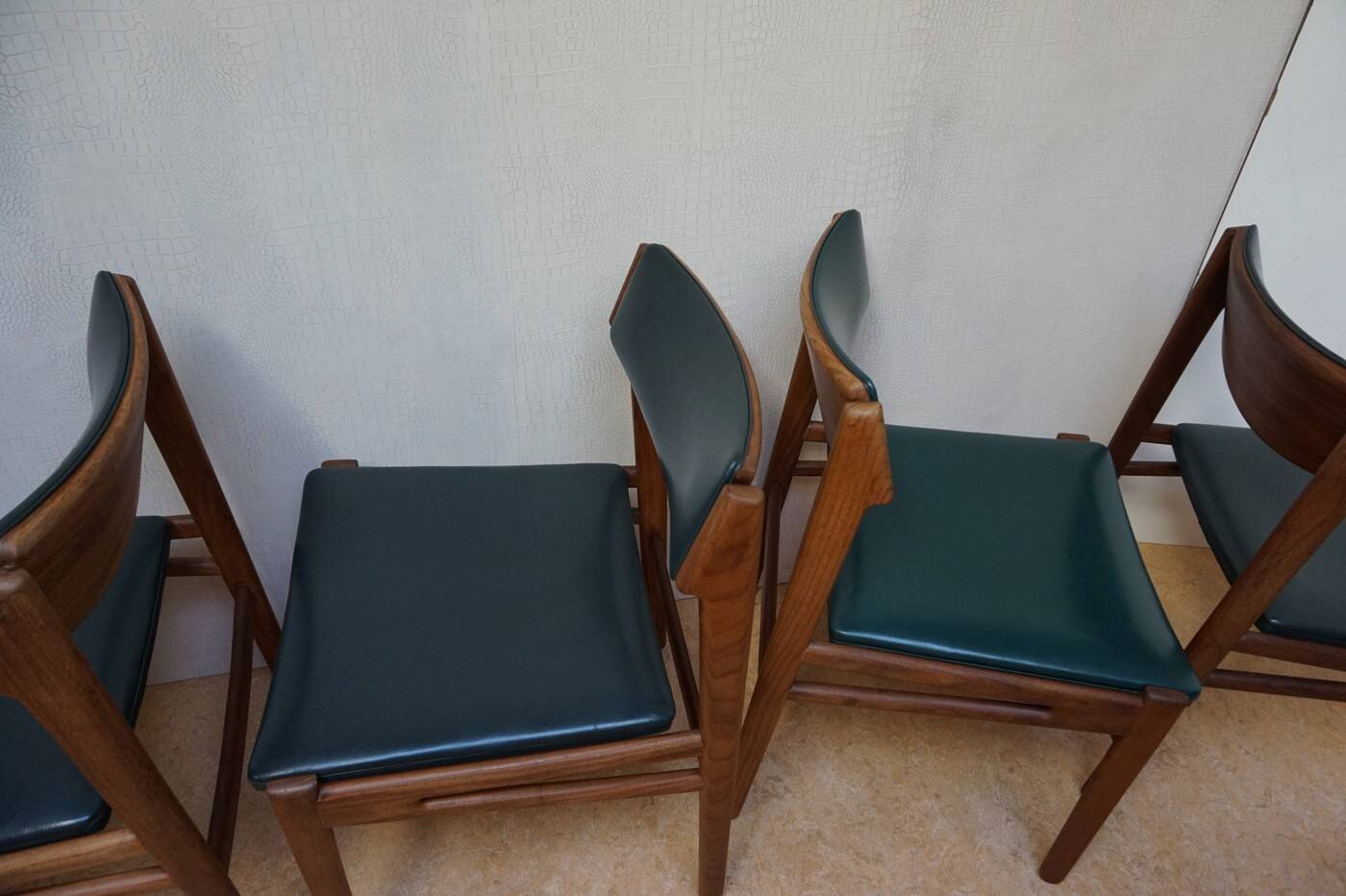 Set of 4 Scandinavian Teak and Green Leatherette Dining Chairs