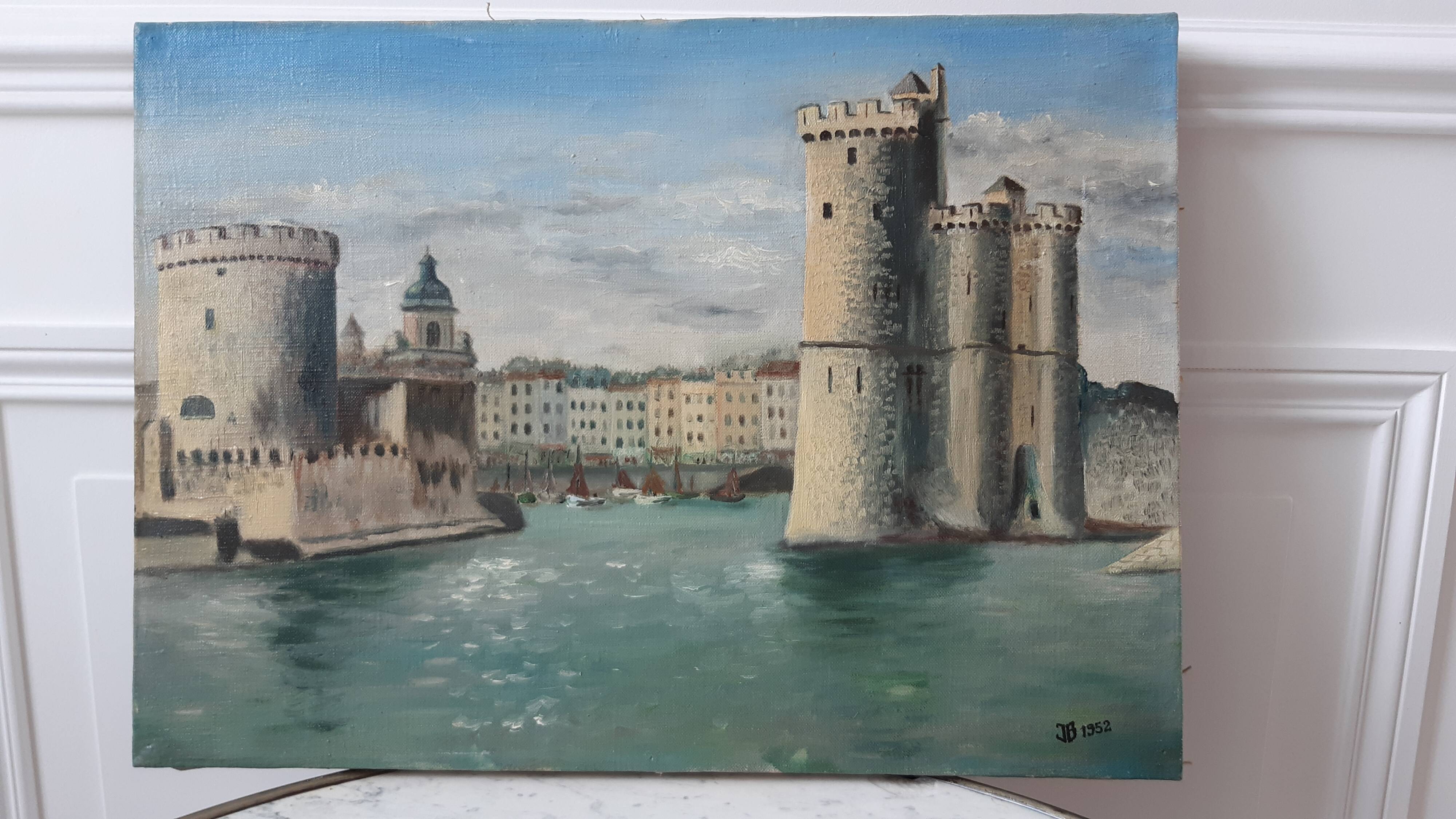 Oil painting on canvas port castle signed 1952