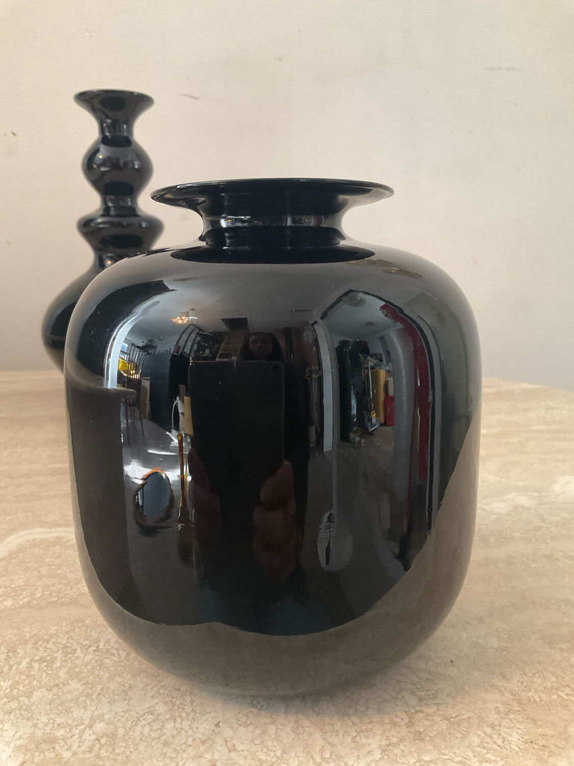 Duo of black opaline vases from the 60s and 70s