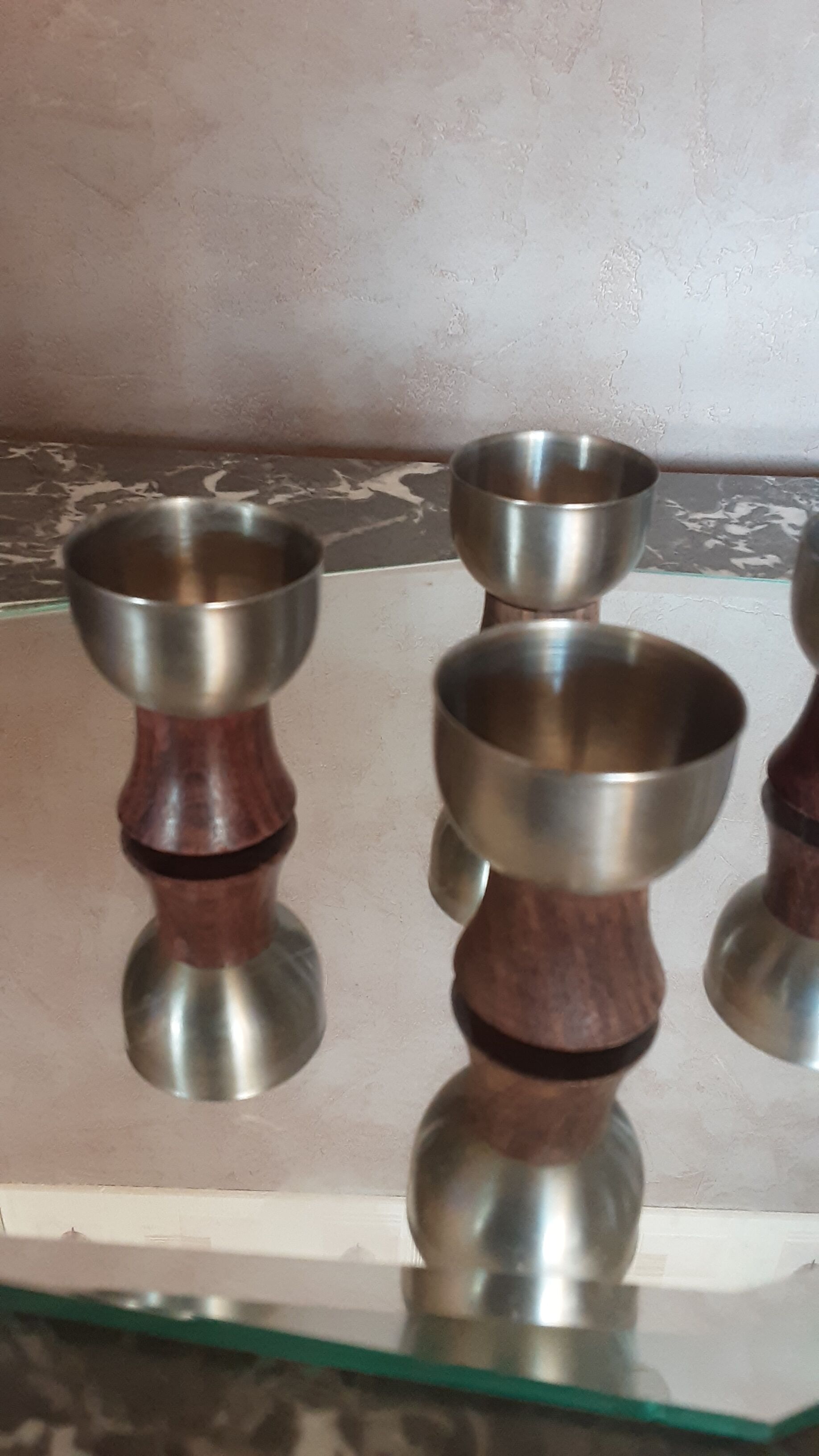 Polished stainless steel coquetiers - wooden feet