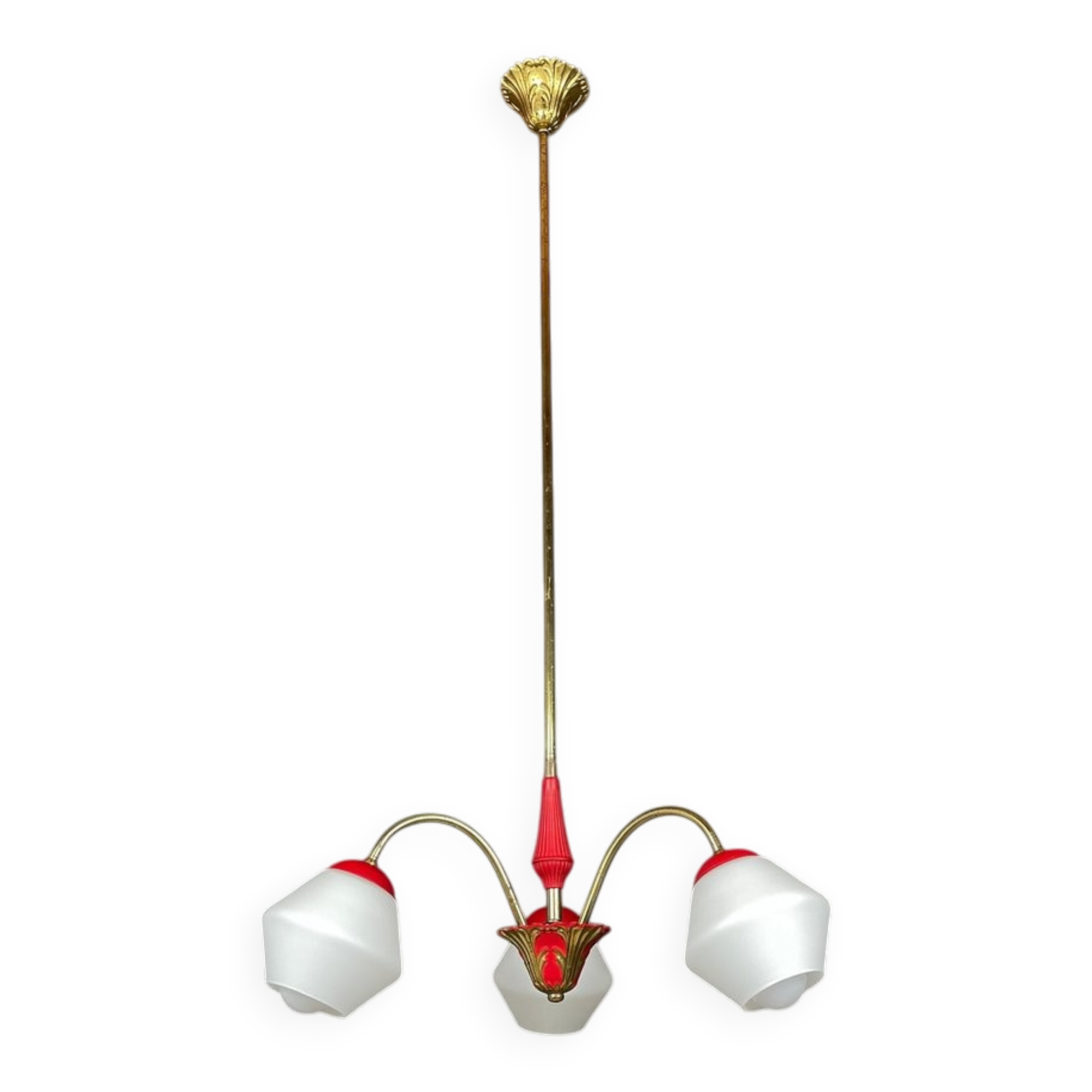 Italian vintage chandelier in brass and milky glass with 3 arms, 1950s.
