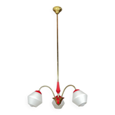 Lustre vintage italien en laiton et verre laiteux à 3 bras, années 1950