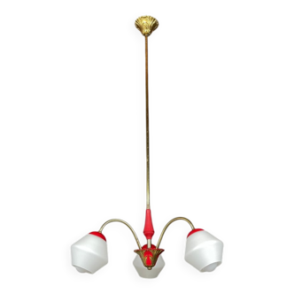Italian vintage chandelier in brass and milky glass with 3 arms, 1950s.