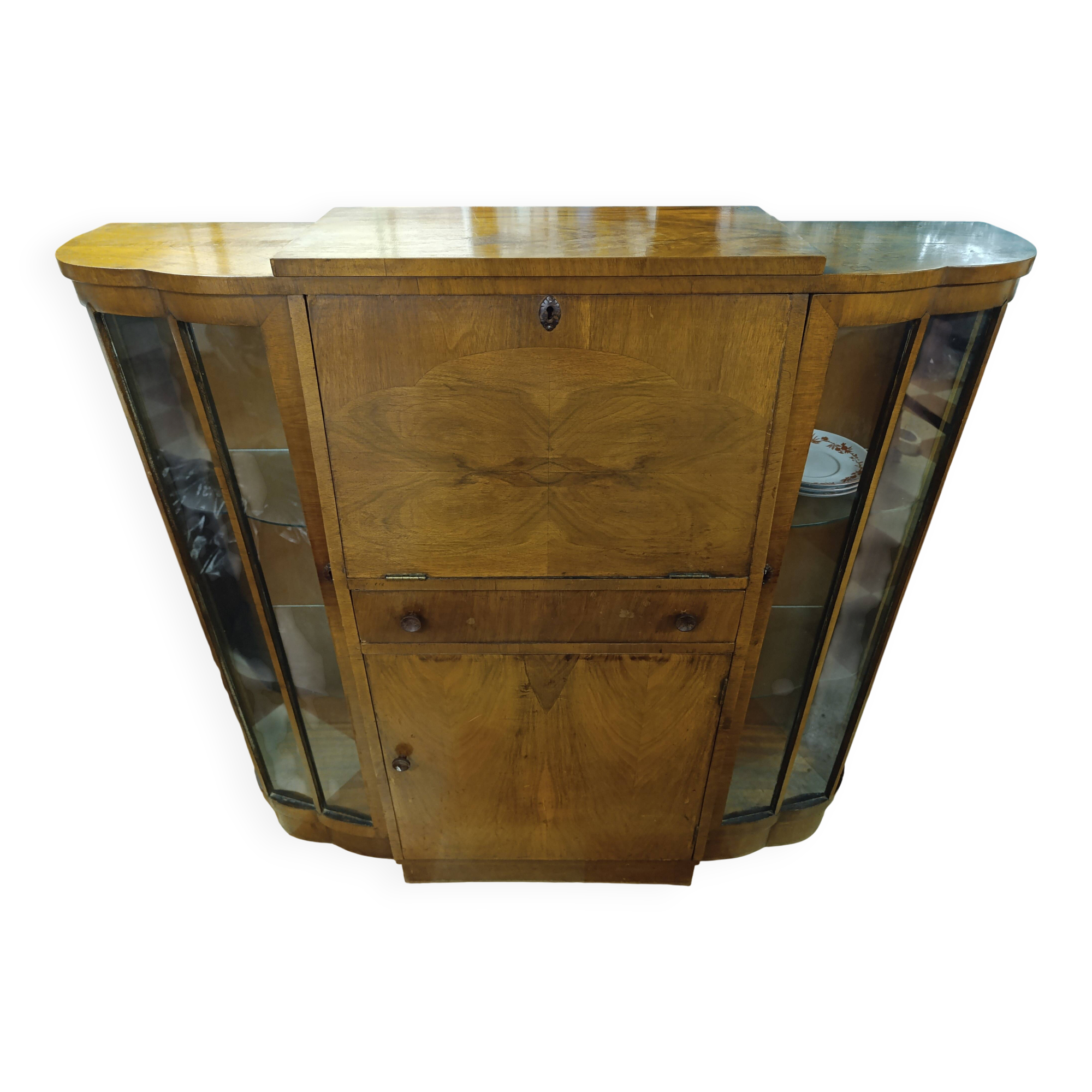 Art Deco style glass-fronted cocktail bar cabinet with folding desk