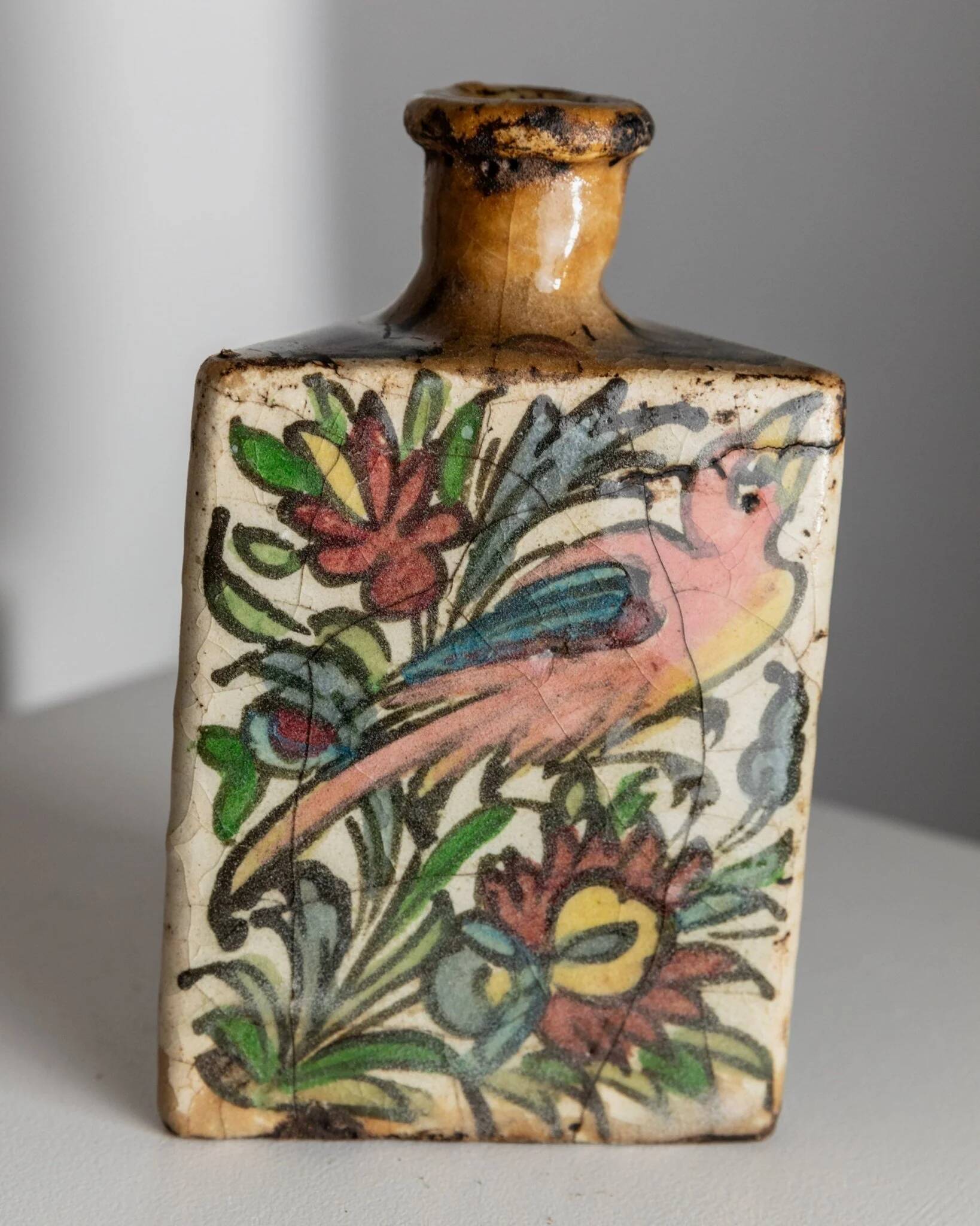 Multicolored Terracotta Bottle from Qajar Dynasty Iran, 19th Century – Hand-Painted, Unique Decorative Piece