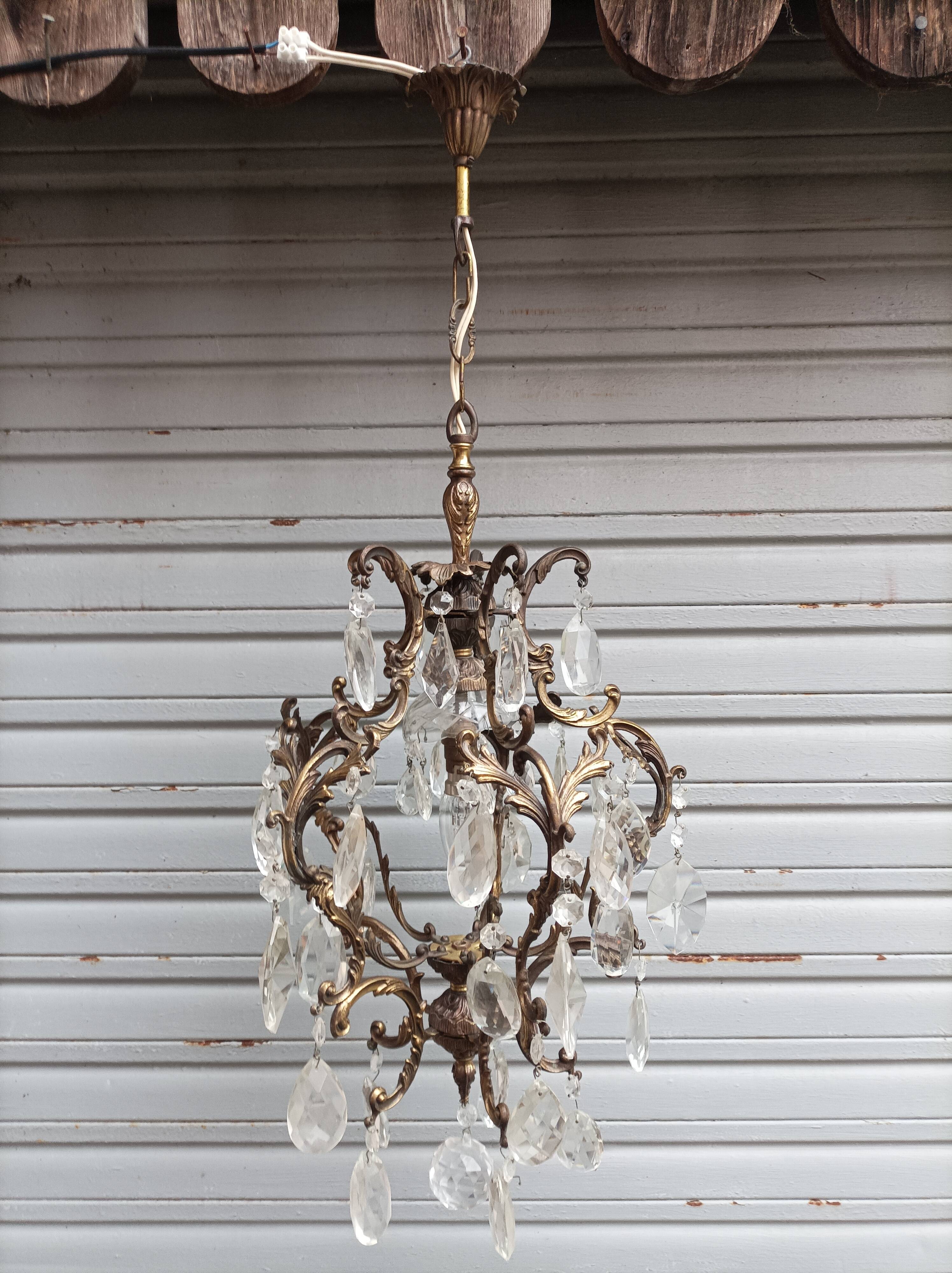 Rare old chandelier / lantern in patinated bronze, Louis XV style / working condition