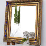 Miroir ancien doré à la feuille et bleu roi vif