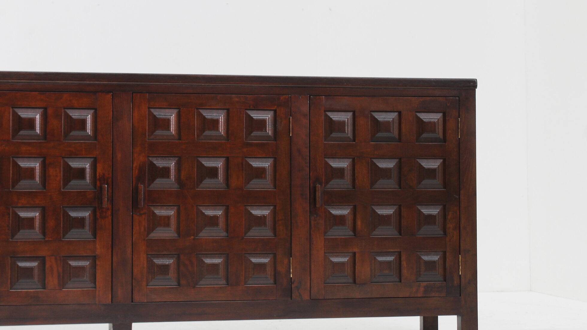 Vintage brutalist sideboard carved solid wood Spain 1960s
