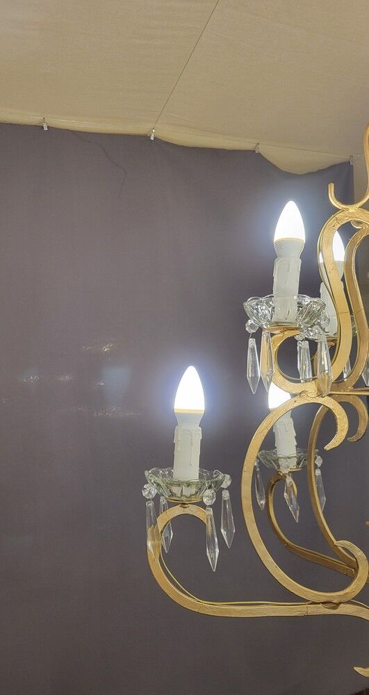 Pair of cage chandeliers with pendants