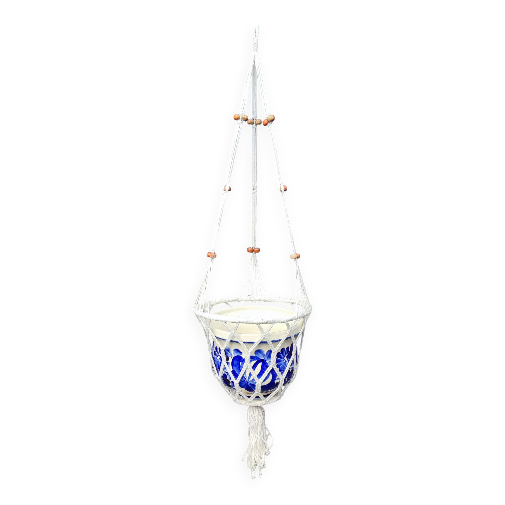 Macramé suspension and its English earthenware pot Palissy Model T. Logino