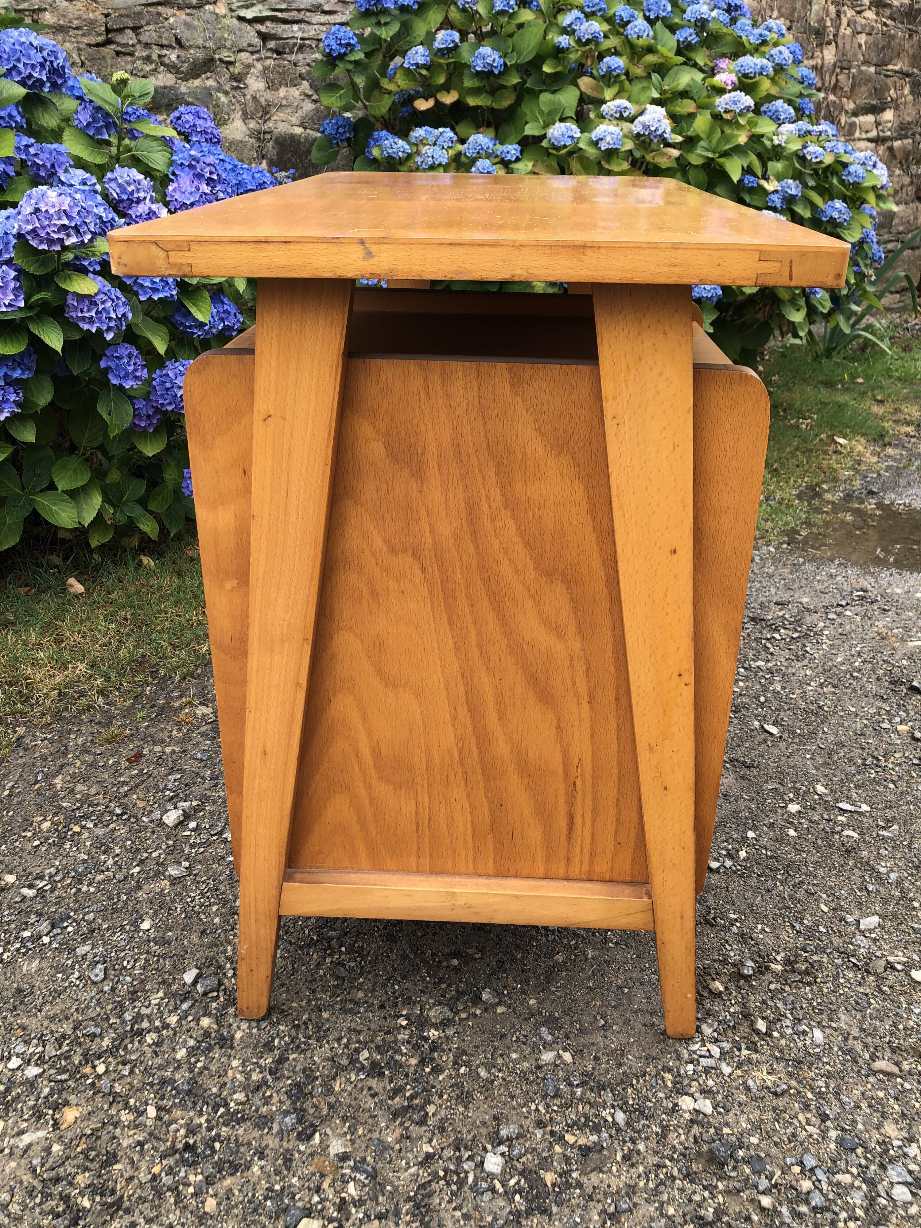 Vintage desk with beech compass legs with 3 drawers.