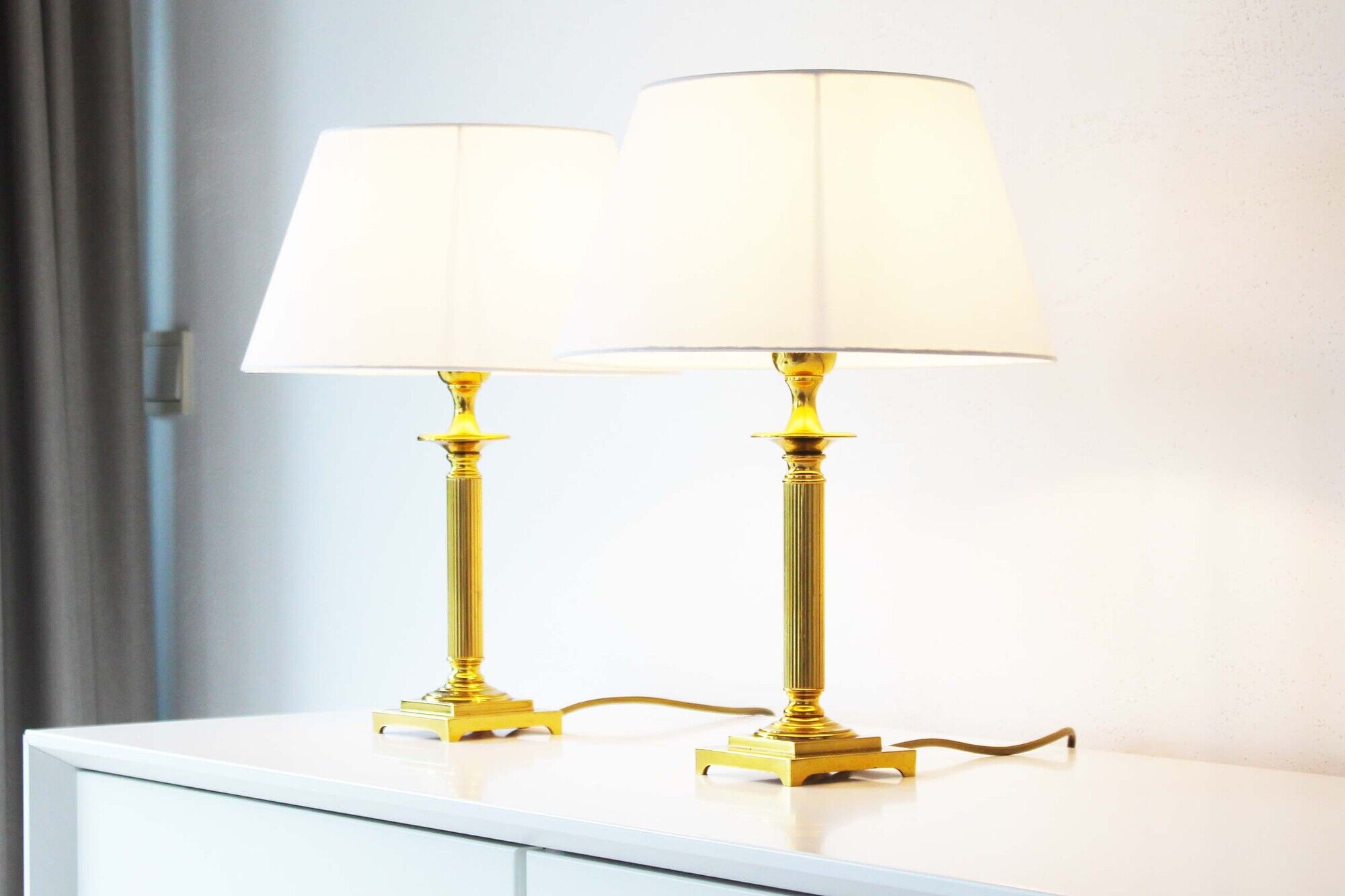 Vintage pair of Brass Column Table Lamps - 1970's Hollywood Regency Lamps