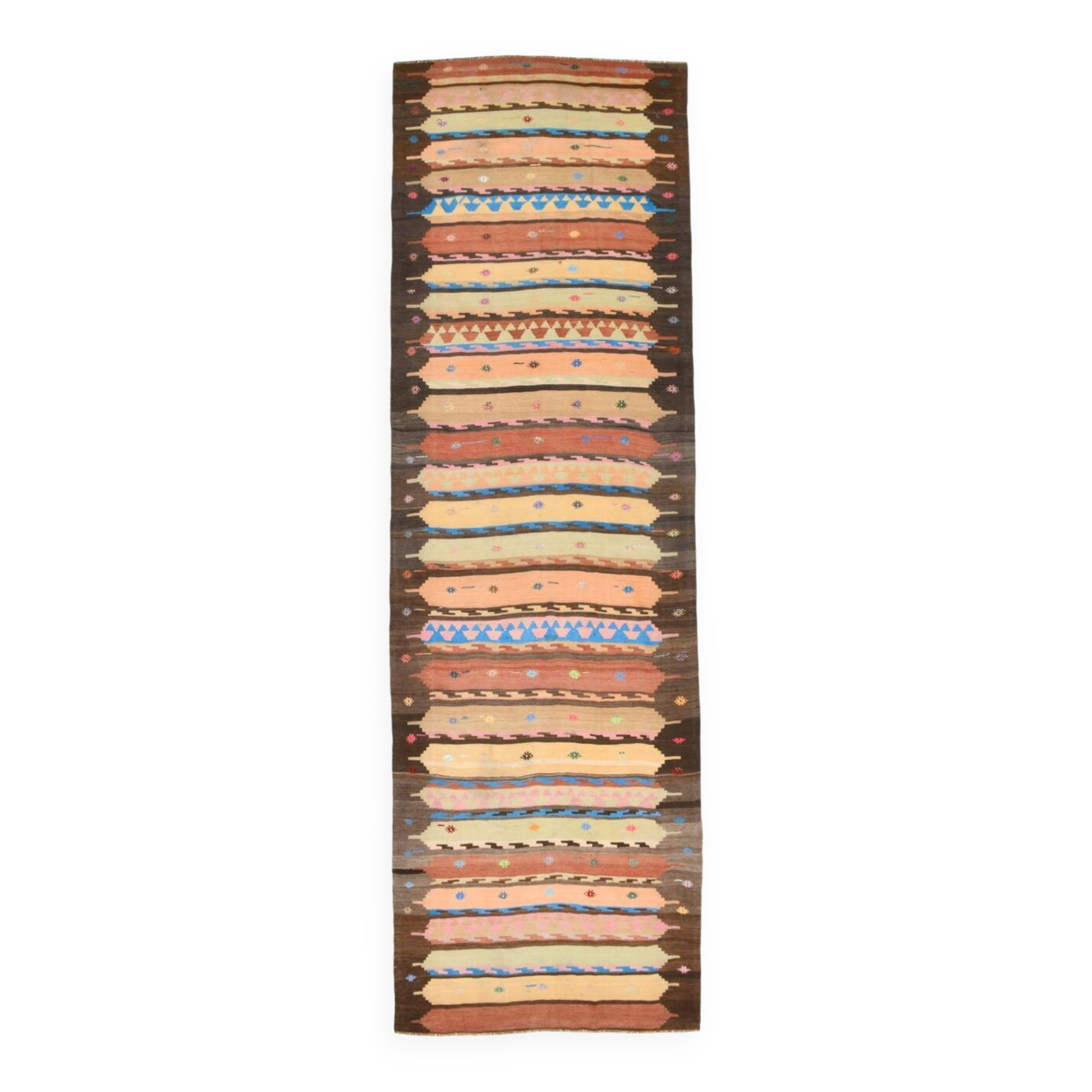 4x13 Beige & Orange Kilim Runner Rug, Wool Runner Rug, Stair Rug, 121x395Cm