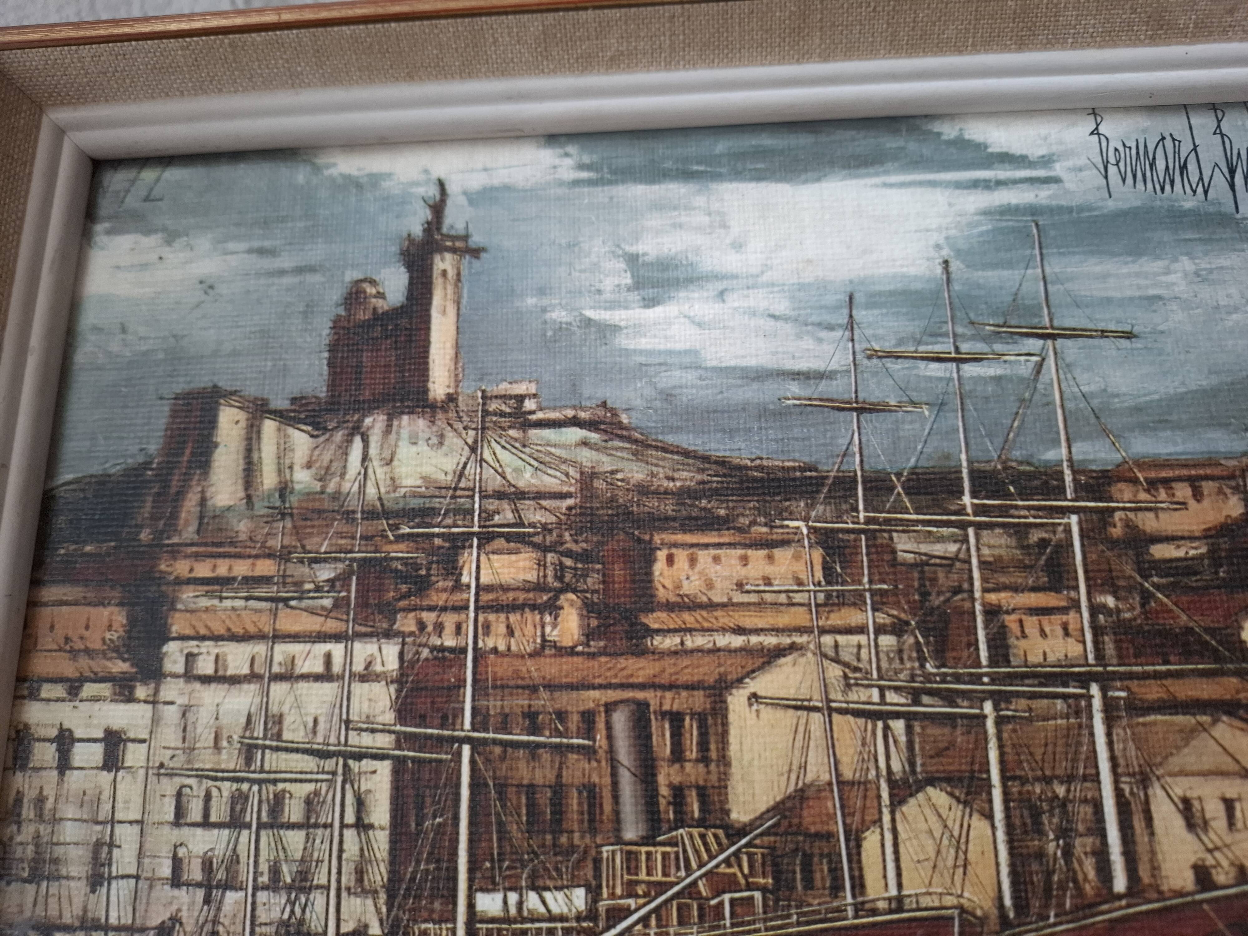 Tableau bernard buffet , marseille , bateaux dans le vieux port , edition braun
