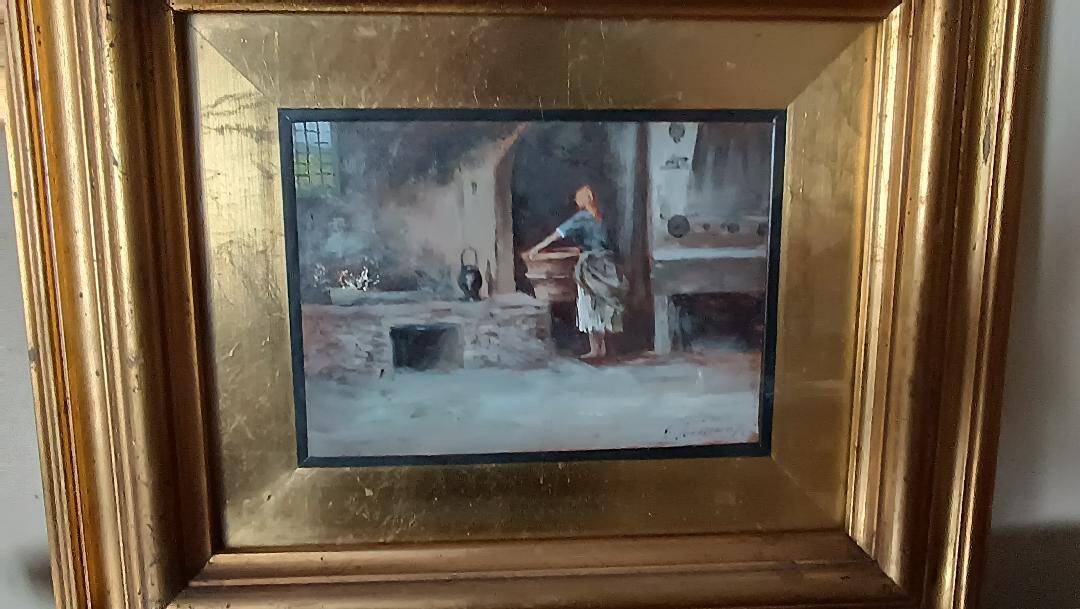 huile sur panneau "la lavandière" Gino Tommasi (1880-1942), début XXe siècl