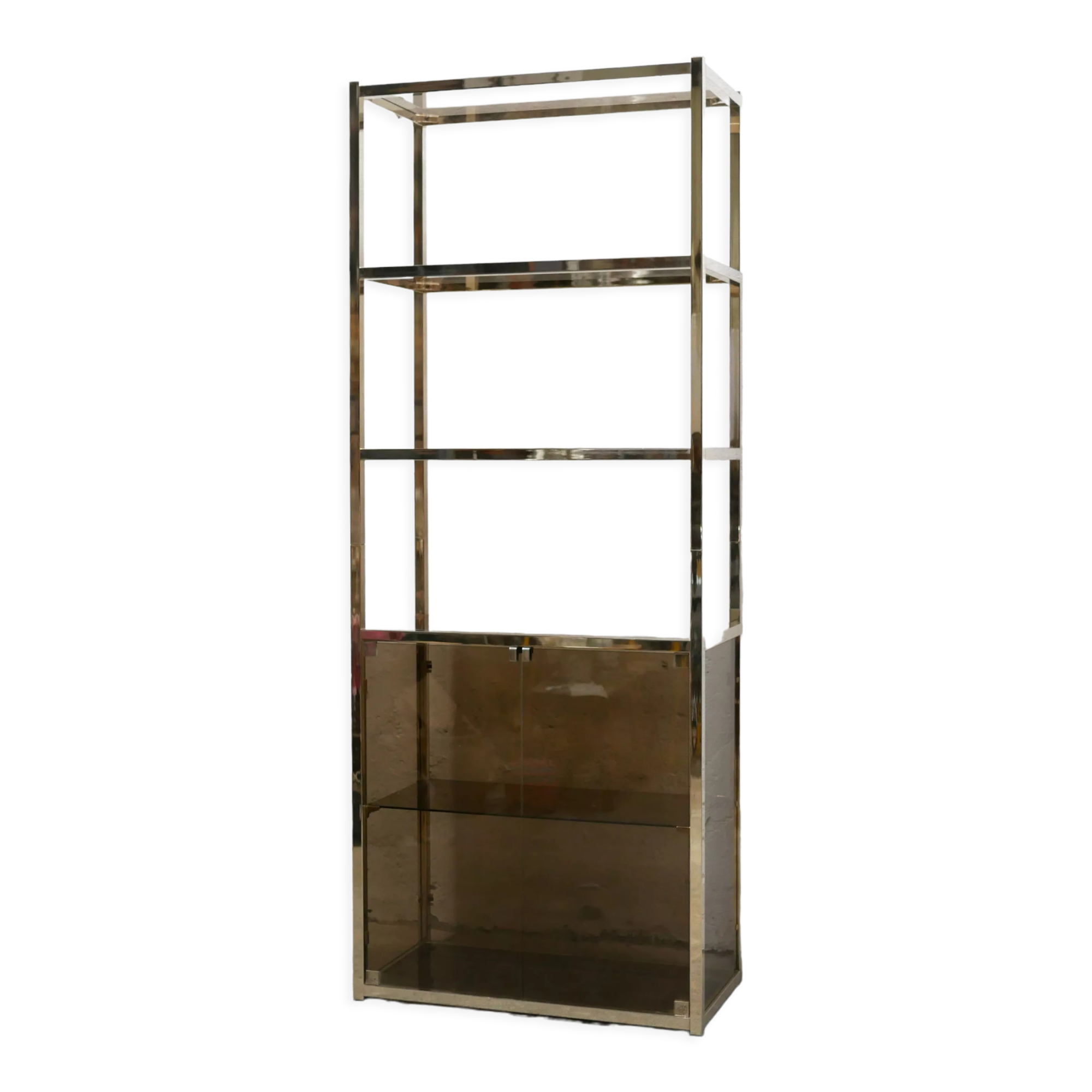 Bookcase vintage shelf in brass and smoked glass