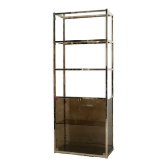 Bookcase vintage shelf in brass and smoked glass