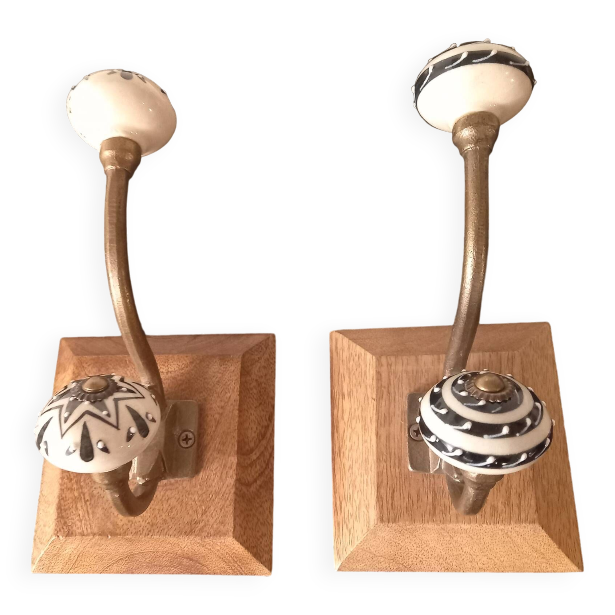 Duo of coat hooks, coat racks in wood and bronze porcelain