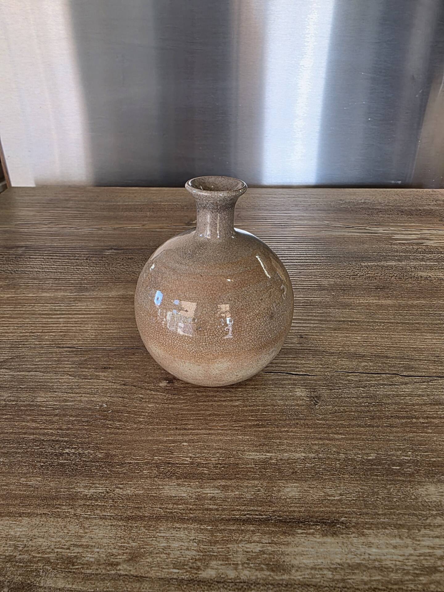 Small round vase soliflore, crackled glazed stoneware, ceramist seal.