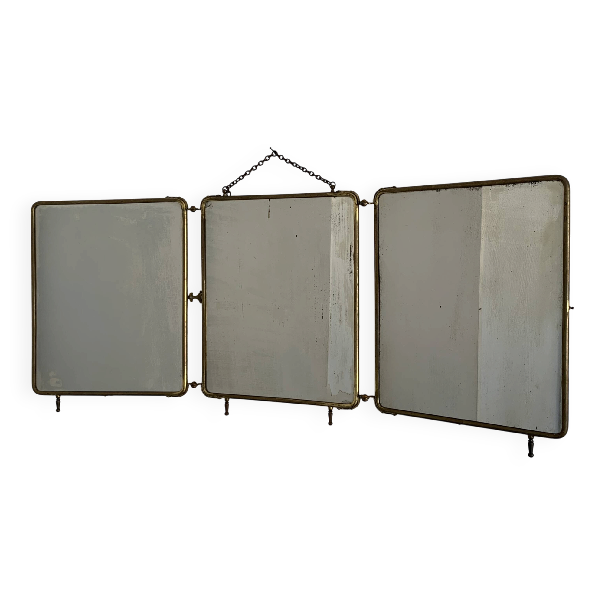 Miroir vintage 1920 triptyque barbier doré simili crocodile vert - 37 x 87