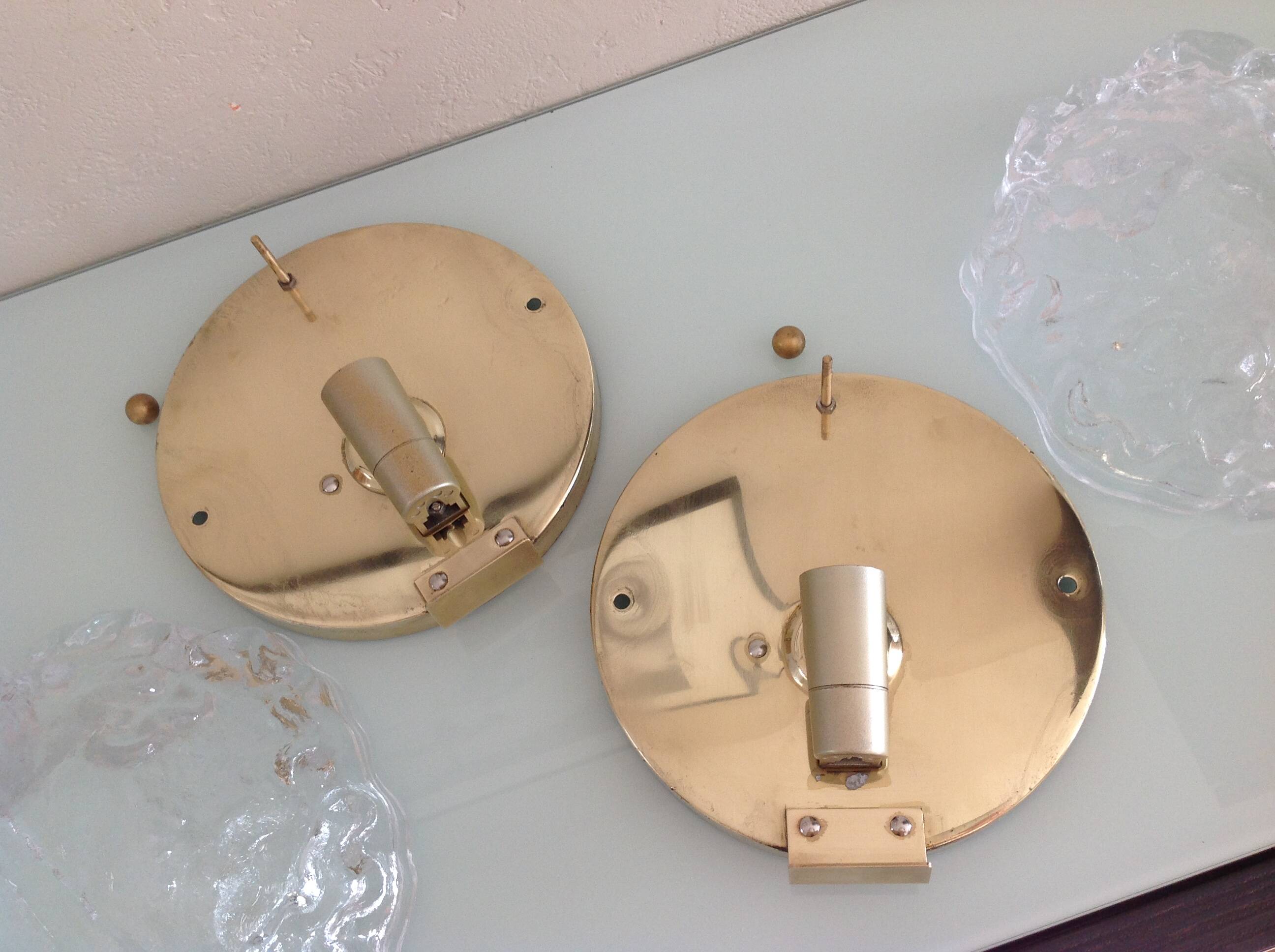 Pair of ice glass and brass wall lights by Limburg / vintage 60s-70s