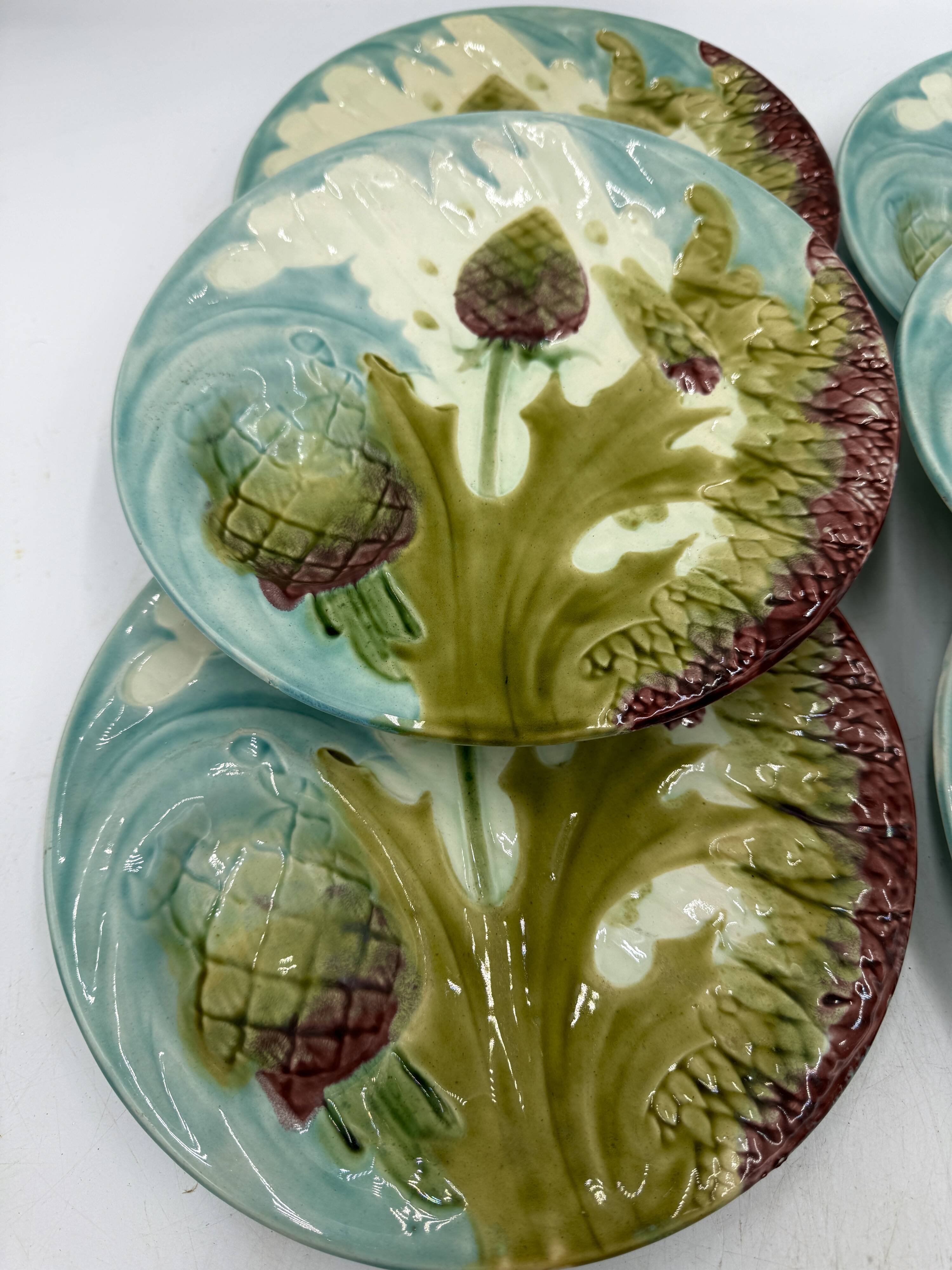 6 19th century plates in Luneville barbotine, asparagus or artichoke