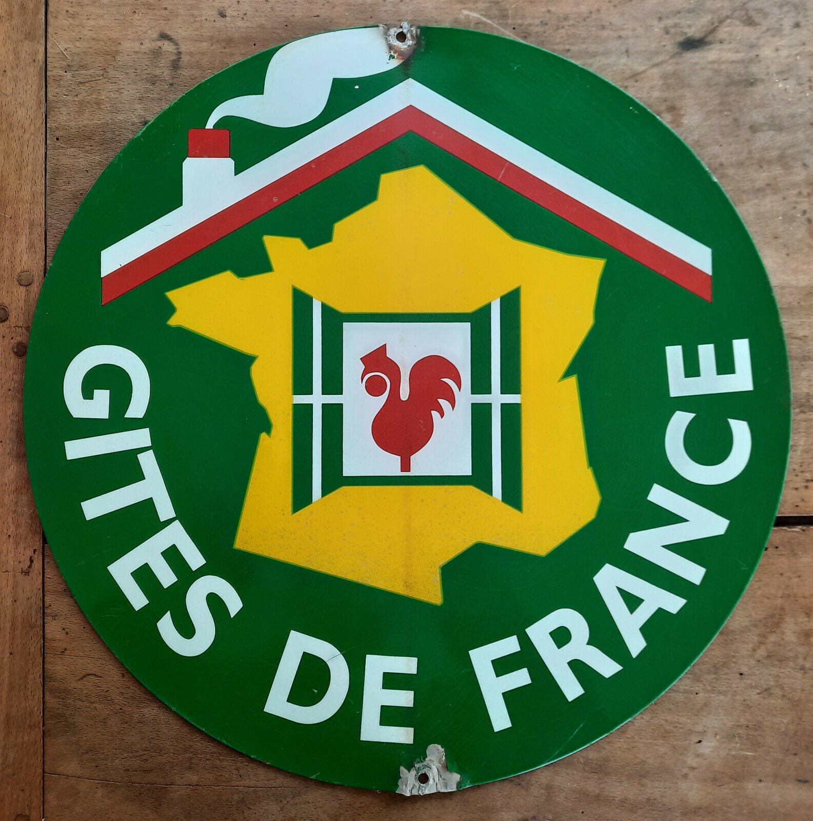 Old sheet metal plate "Gites de France" 46cm 1970