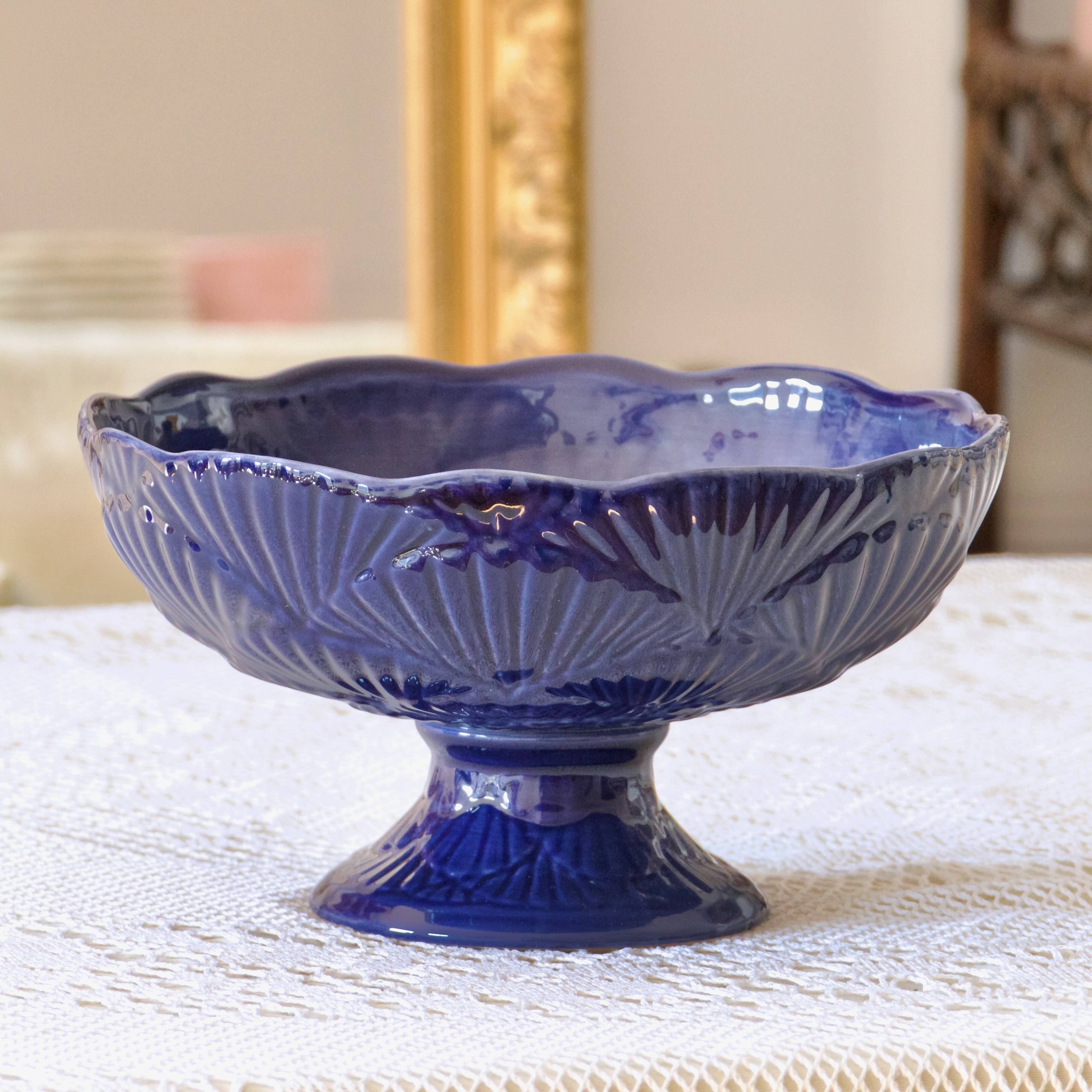 Coupe à fruits ancienne en céramique bleue