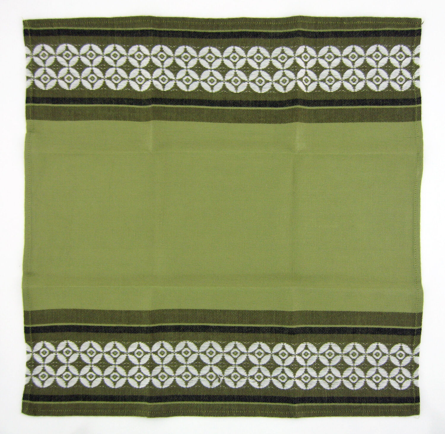 6 olive green Dralon napkins - white geometric patterns - vintage 60s