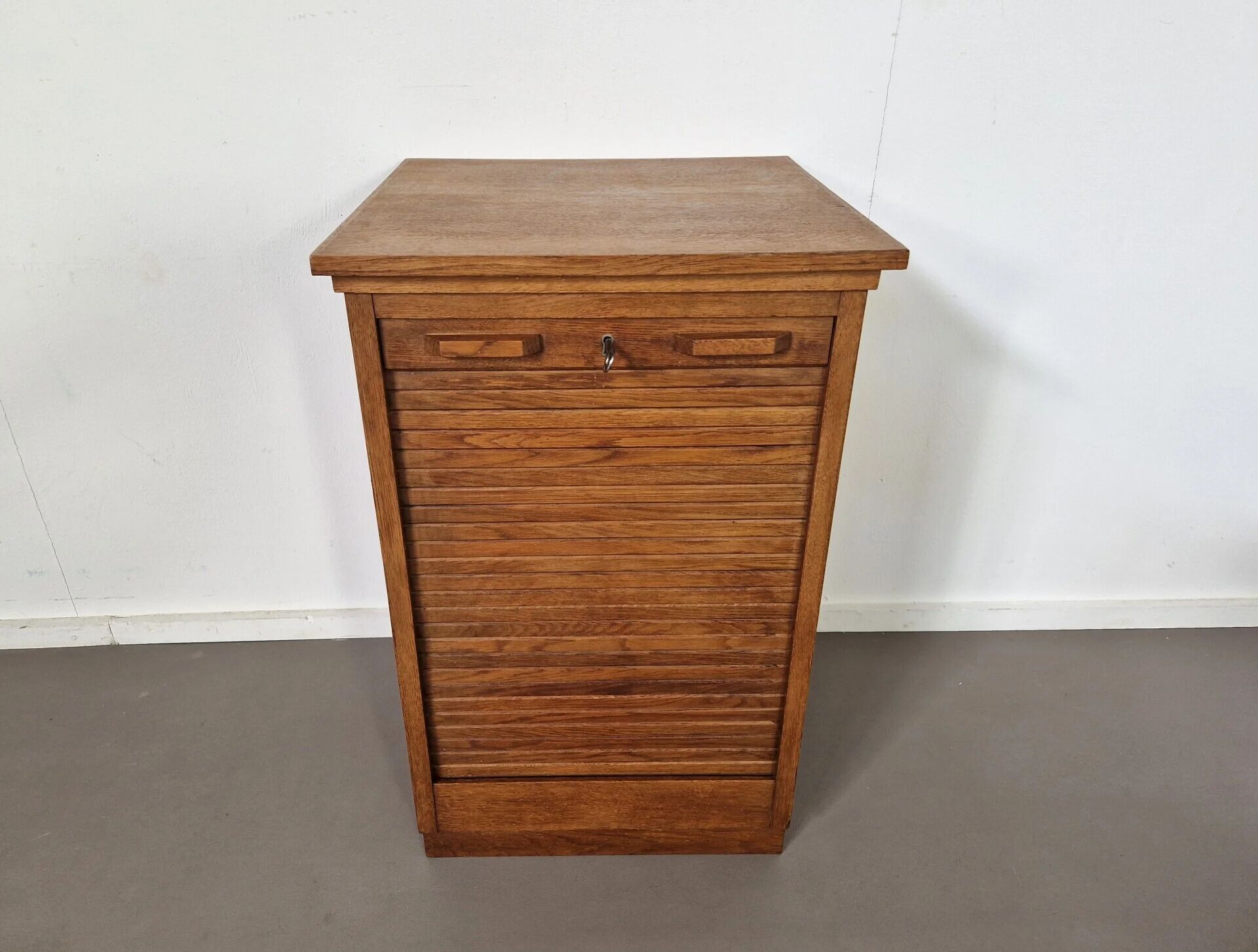 Vintage oak tambour cabinet | 1940s